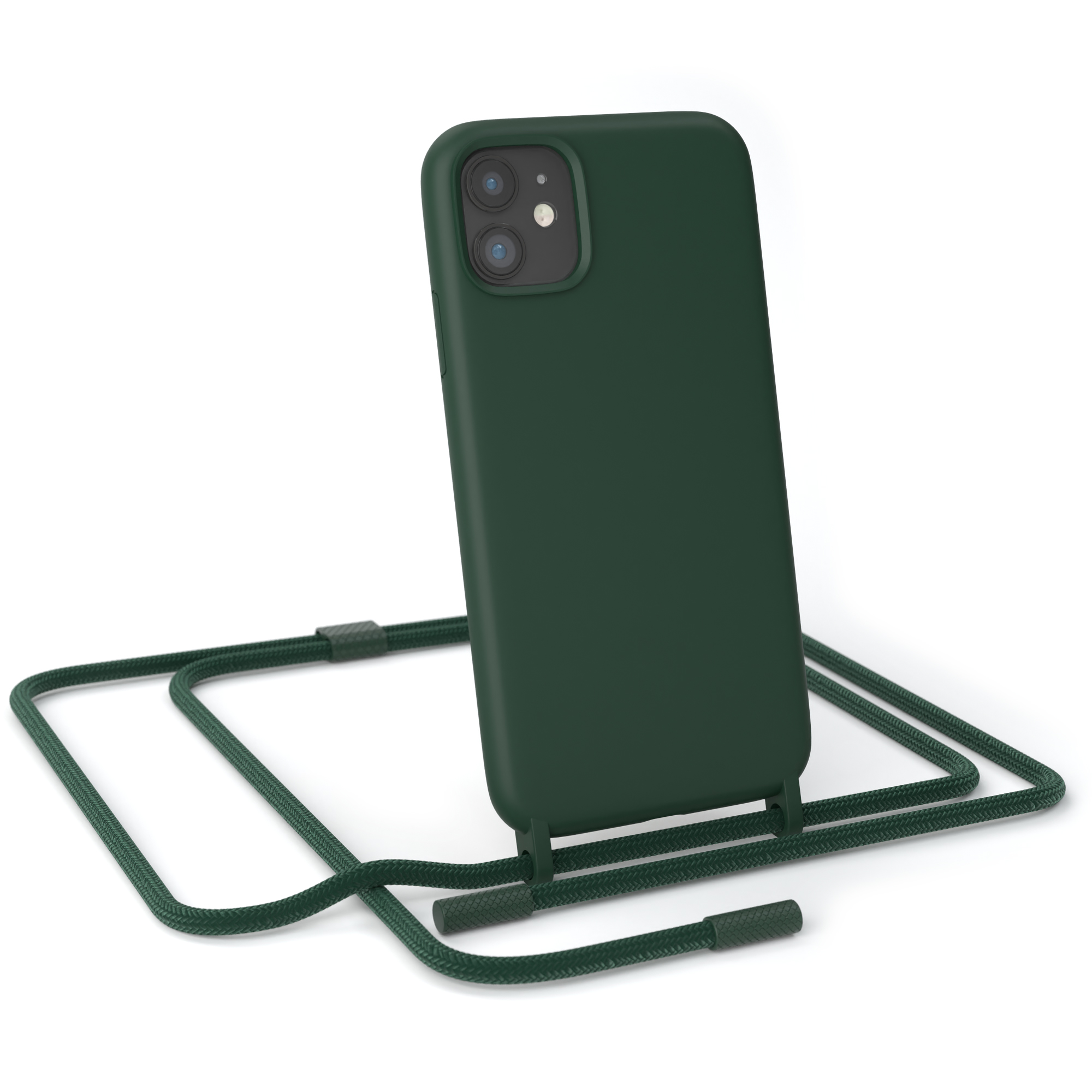 Eine grüne Handyhülle mit einem grünen Nackengurt, die ein Smartphone zeigt.