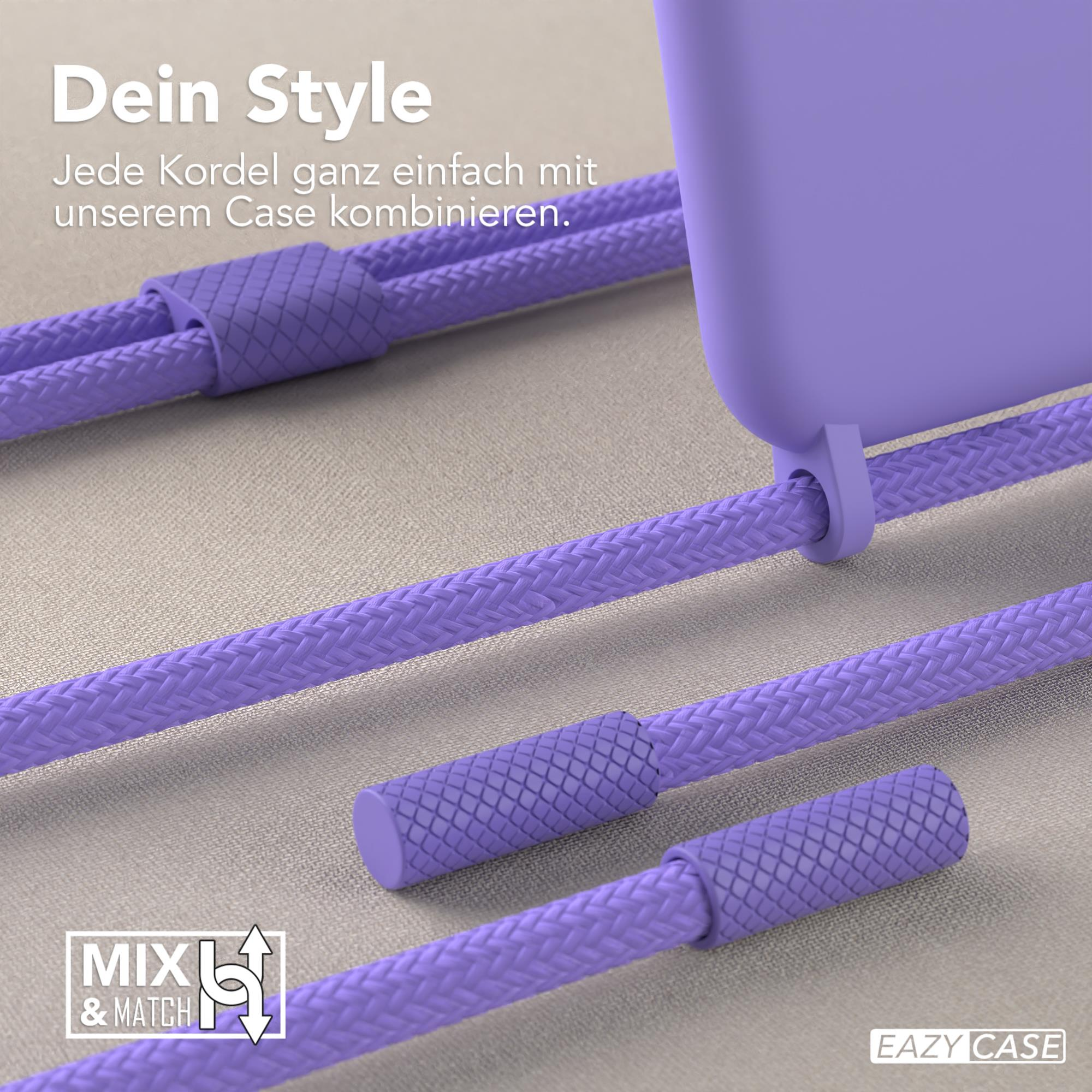 Lila Handyhülle mit passendem Schlüsselband. Drei Seilstränge. Text: Dein Style.