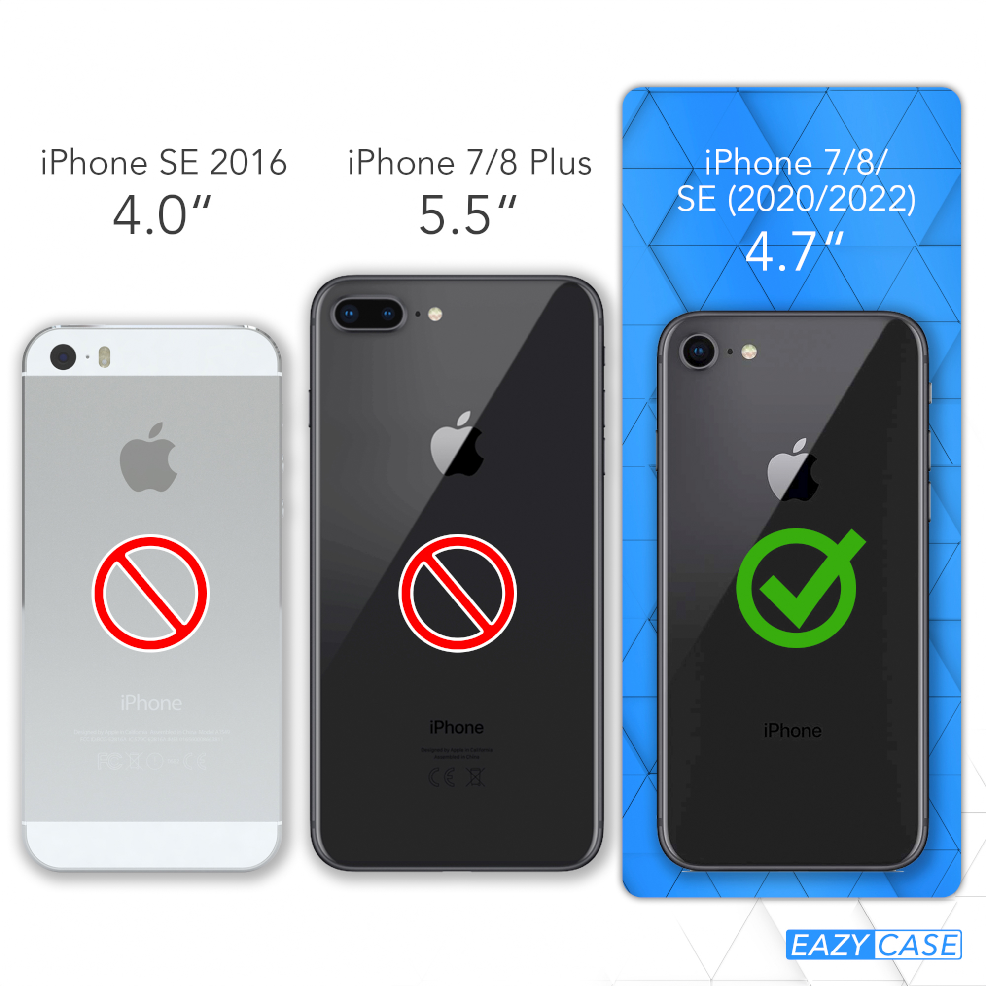 Vergleich der iPhone-Modelle: SE 2016, 7/8 Plus und 7/8/SE (2020/2022) Größen, mit Häkchen.