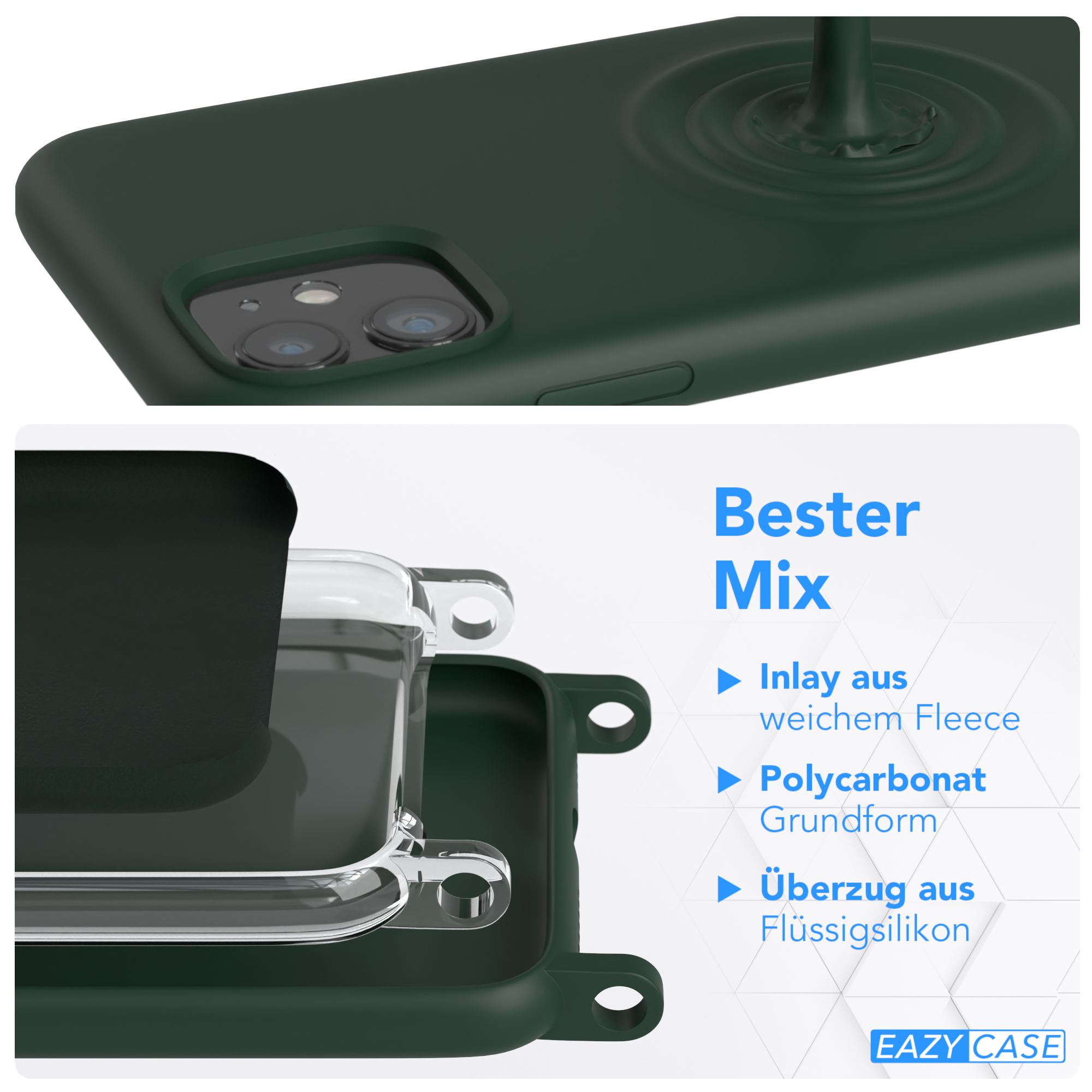 Telefonhüllenkomponenten, mit dem Text "Bester Mix" und "EAZY CASE". Zeigt die Gehäuseschichten.
