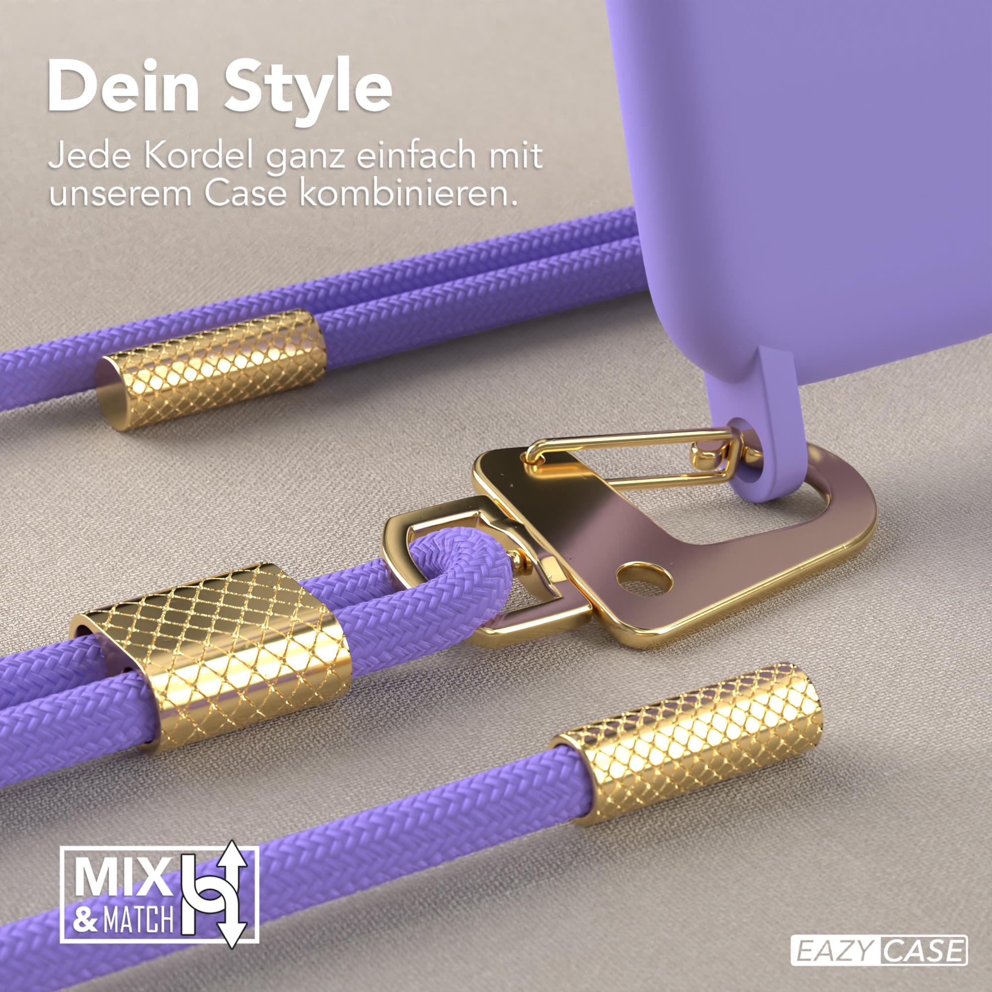 Nahaufnahme von Handyhüllen-Trägern und Hardware. Lila Kordel mit goldenen Akzenten.