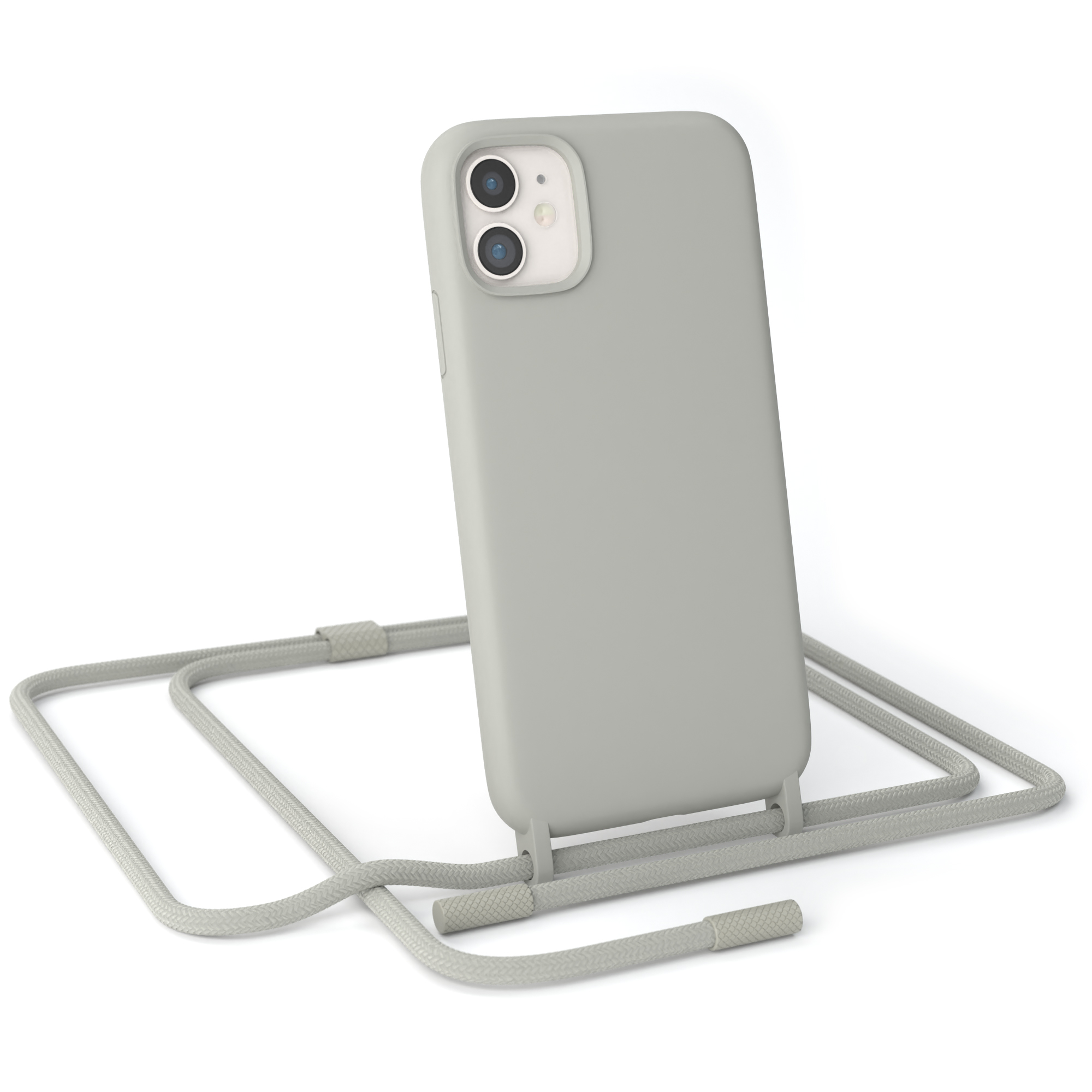 Eine graue Handyhülle mit einem Telefon und einem grauen Kabel. Die Handyhülle hat zwei Kameralöcher.