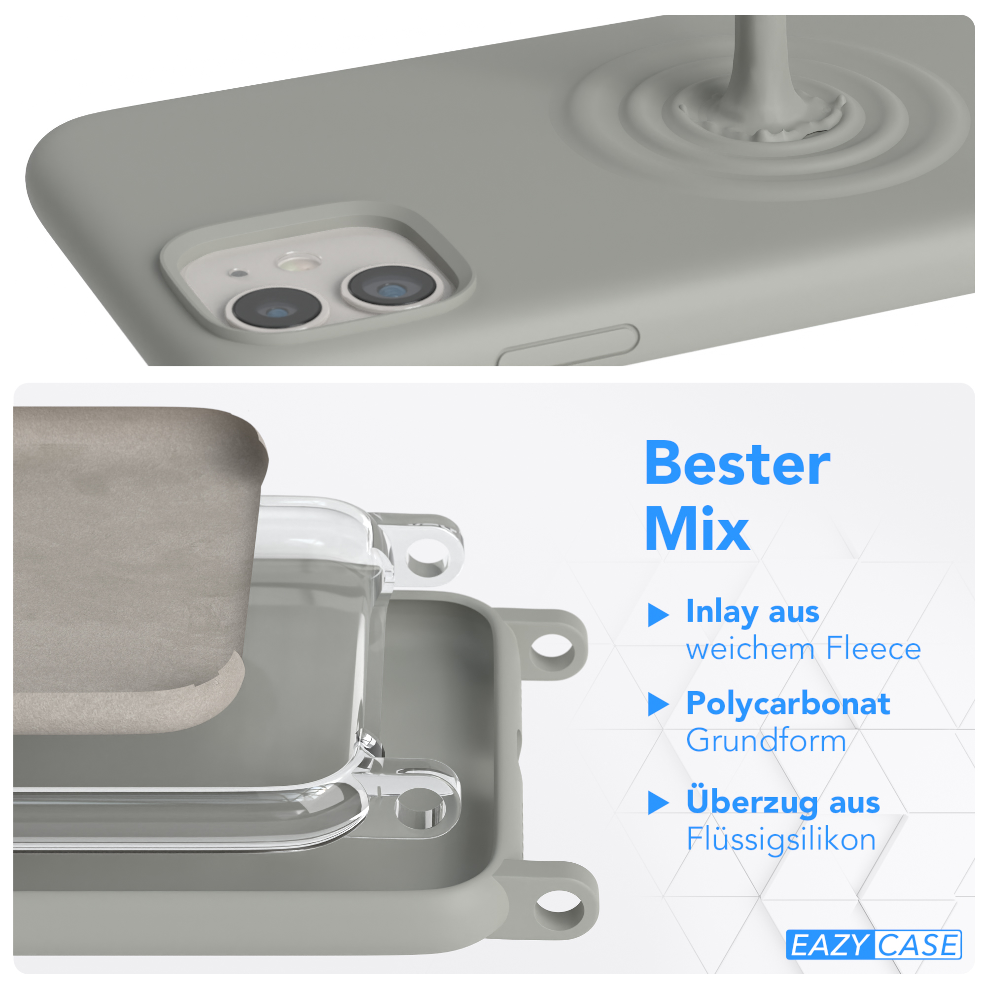 Nahaufnahme einer Handyhülle mit Schichten aus Fleece, Polycarbonat und Flüssigsilikon.