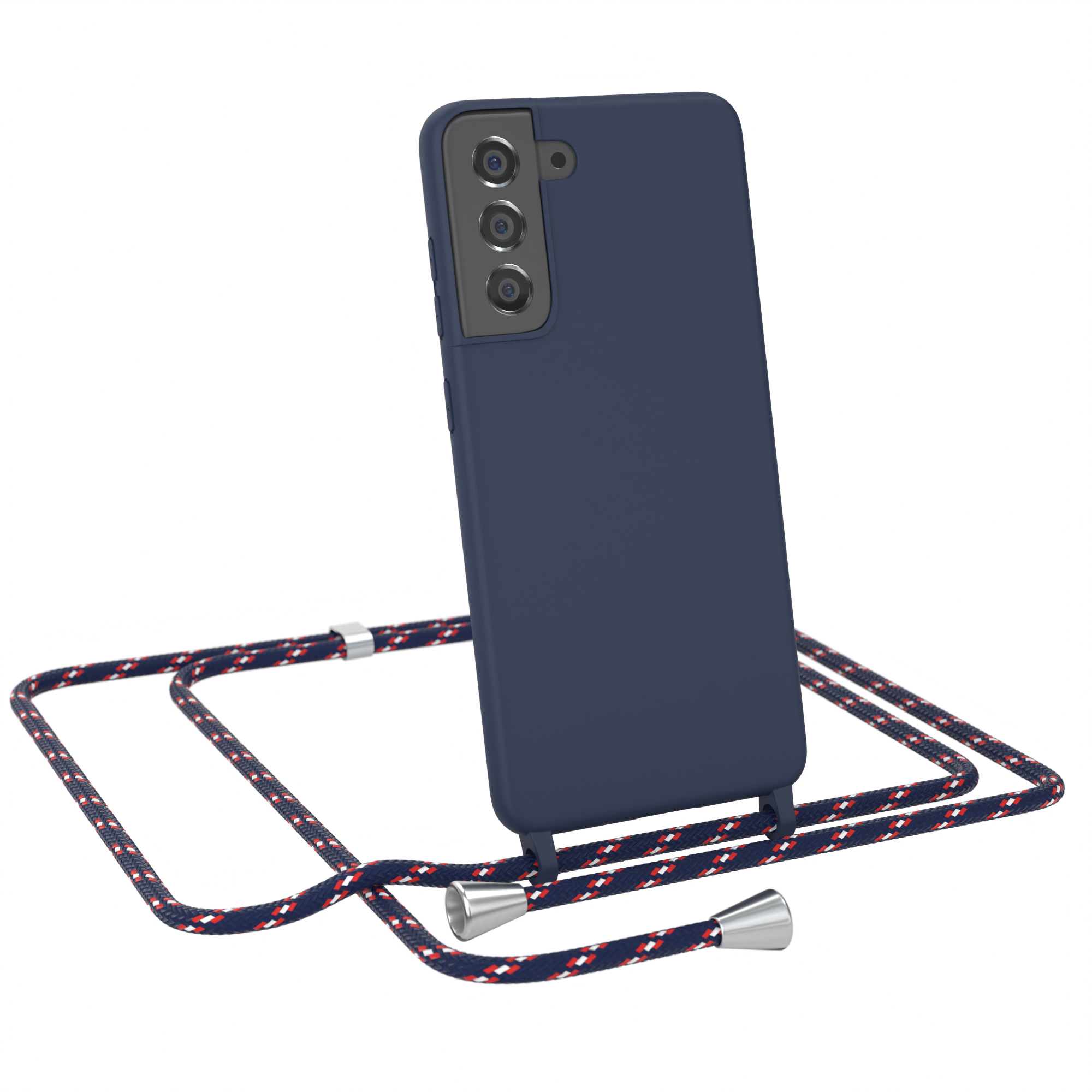 Blaue Handyhülle mit marineblauem Band. Das Telefon ist in der Hülle sichtbar.