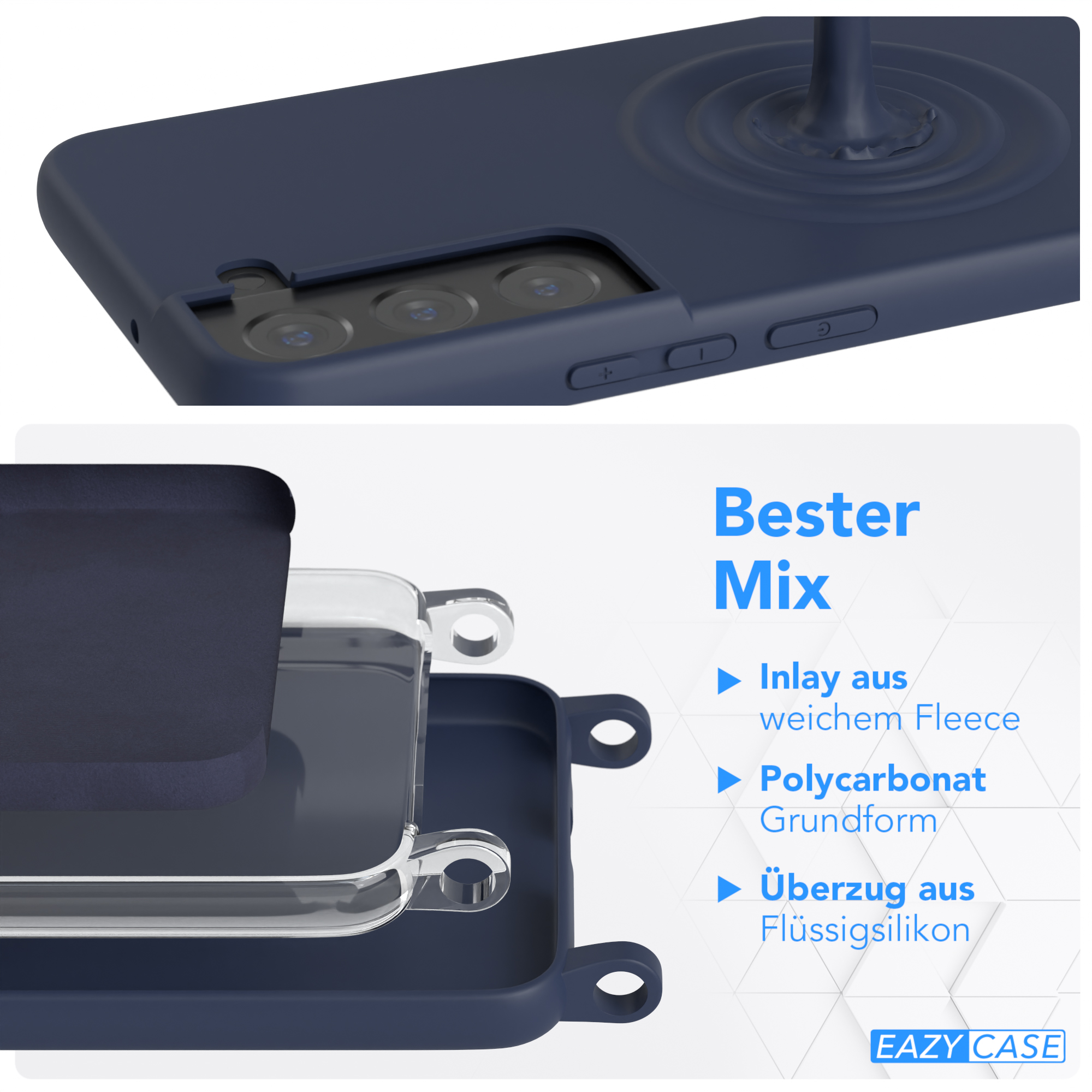 Telefonhüllenkomponenten, mit dem Text "Bester Mix" und "EAZY CASE". Zeigt die Gehäuseschichten.