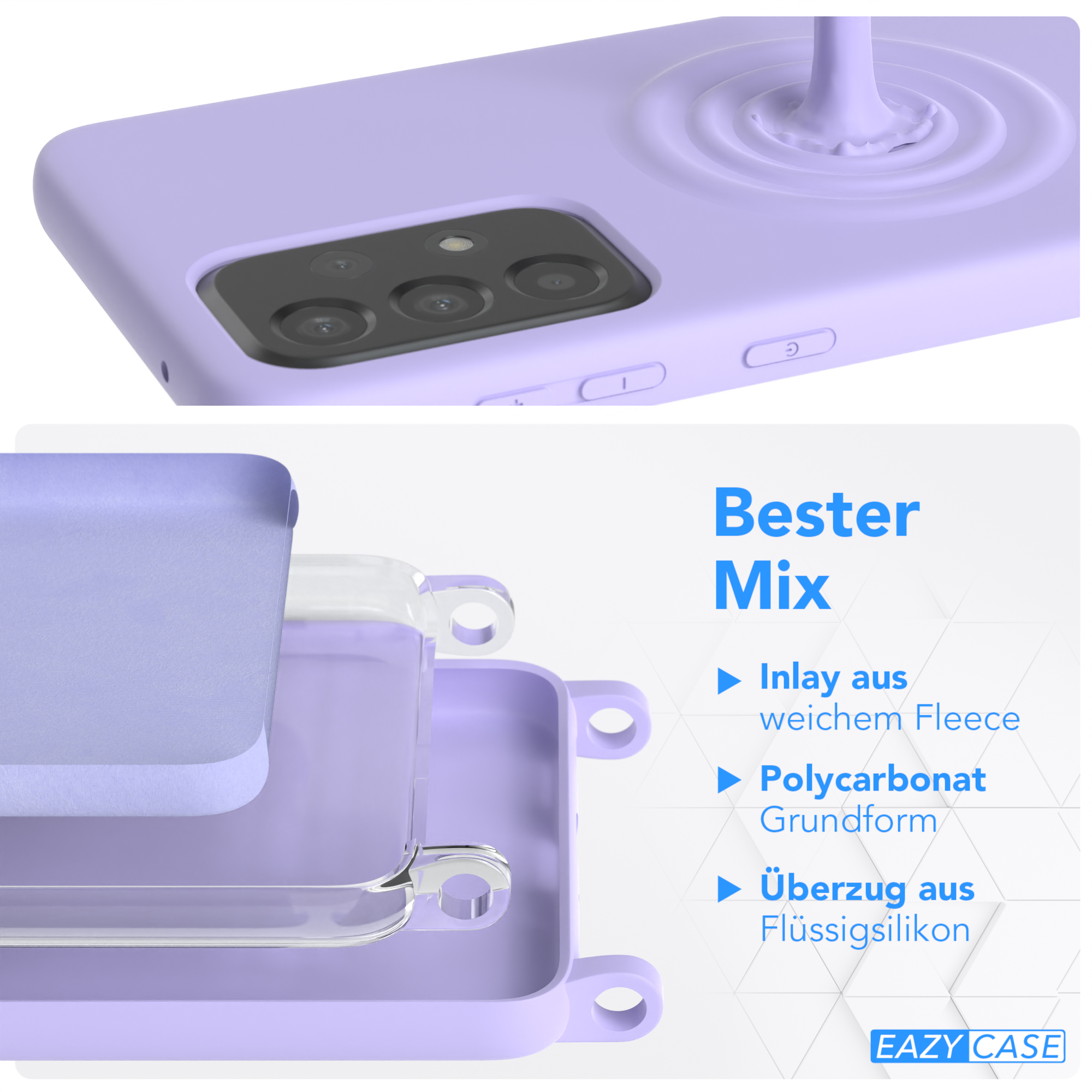 Handyhülle mit violettem Sockel, detaillierte Ansicht mit Text, Telefon mit Kamera.