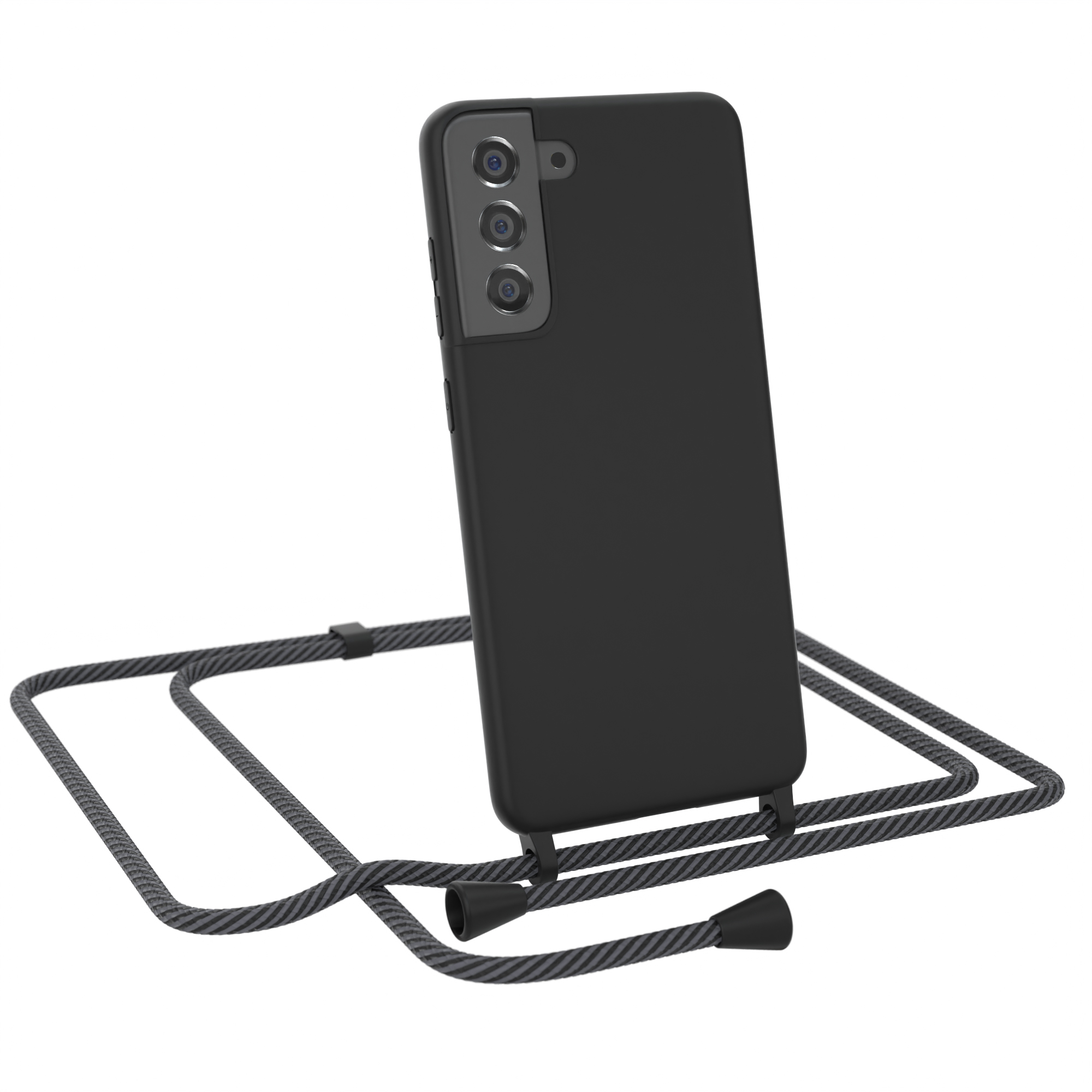 Schwarzes Telefon mit schwarzer Hülle und schwarzem Umhängeband. Weißer Hintergrund.