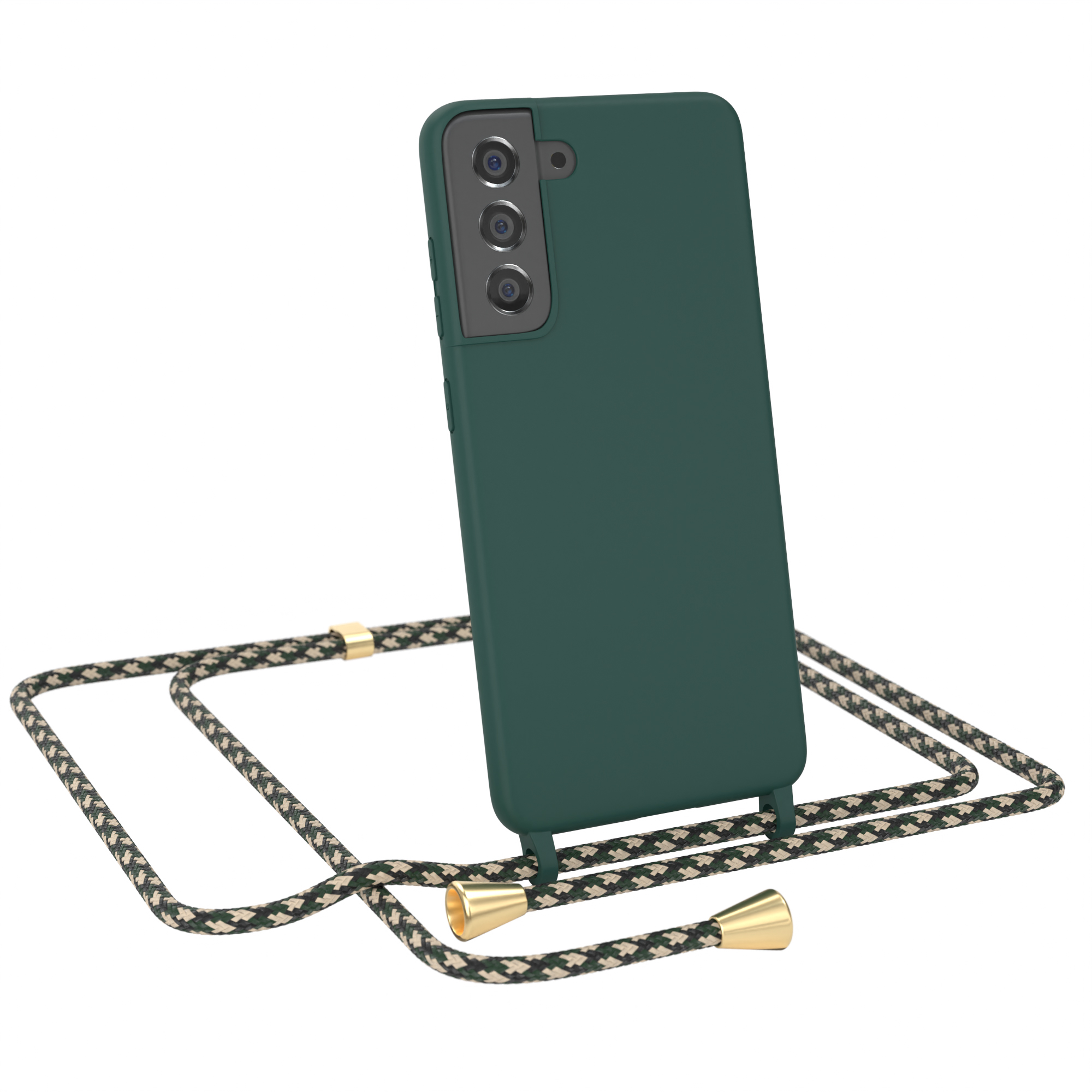 Grünes Telefon in einer grünen Hülle mit Halsband. Drei Kameras. Der Gurt ist schwarz und beige.