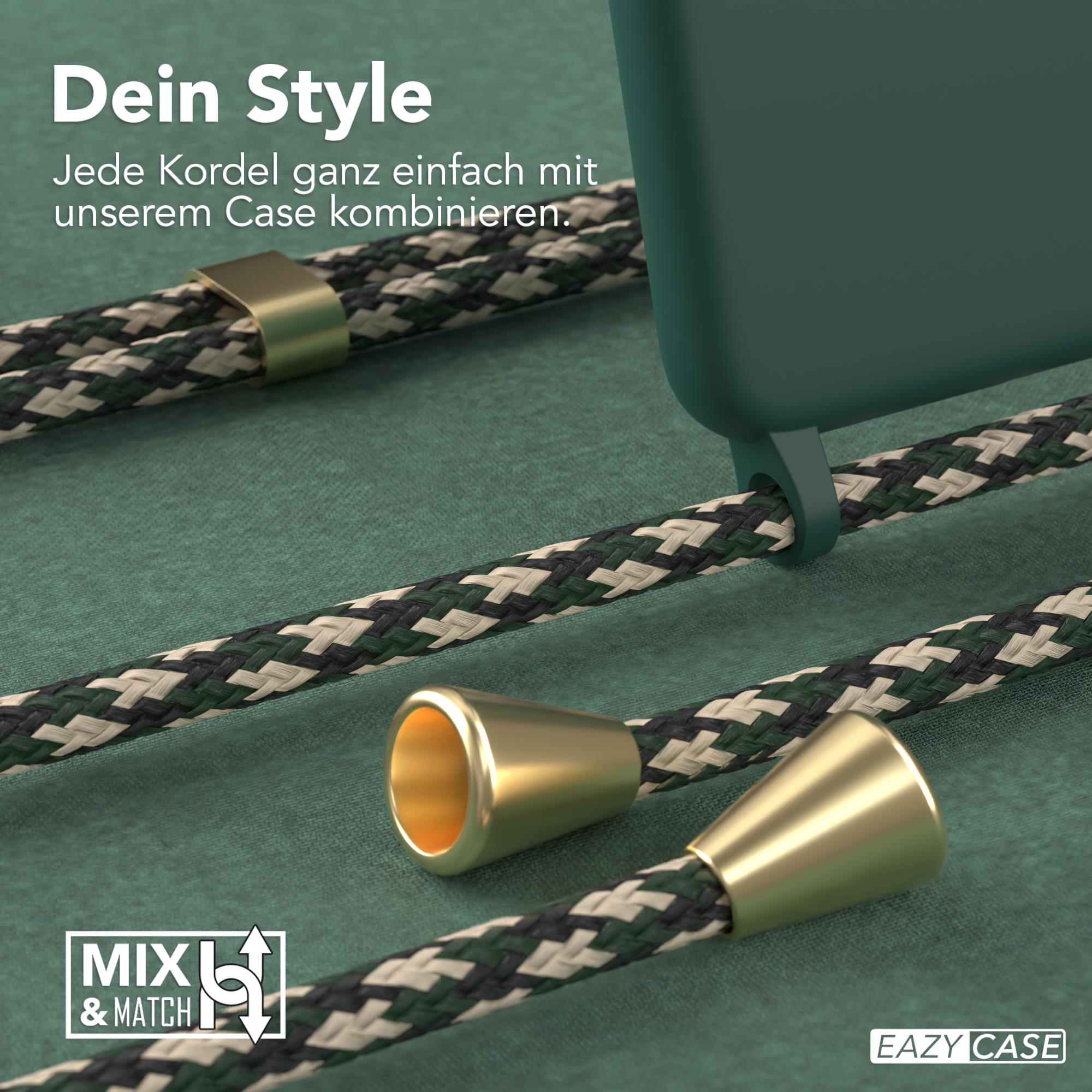 Grünes und weißes Telefon-Lanyard mit goldenen Akzenten. Strukturierter grüner Hintergrund.