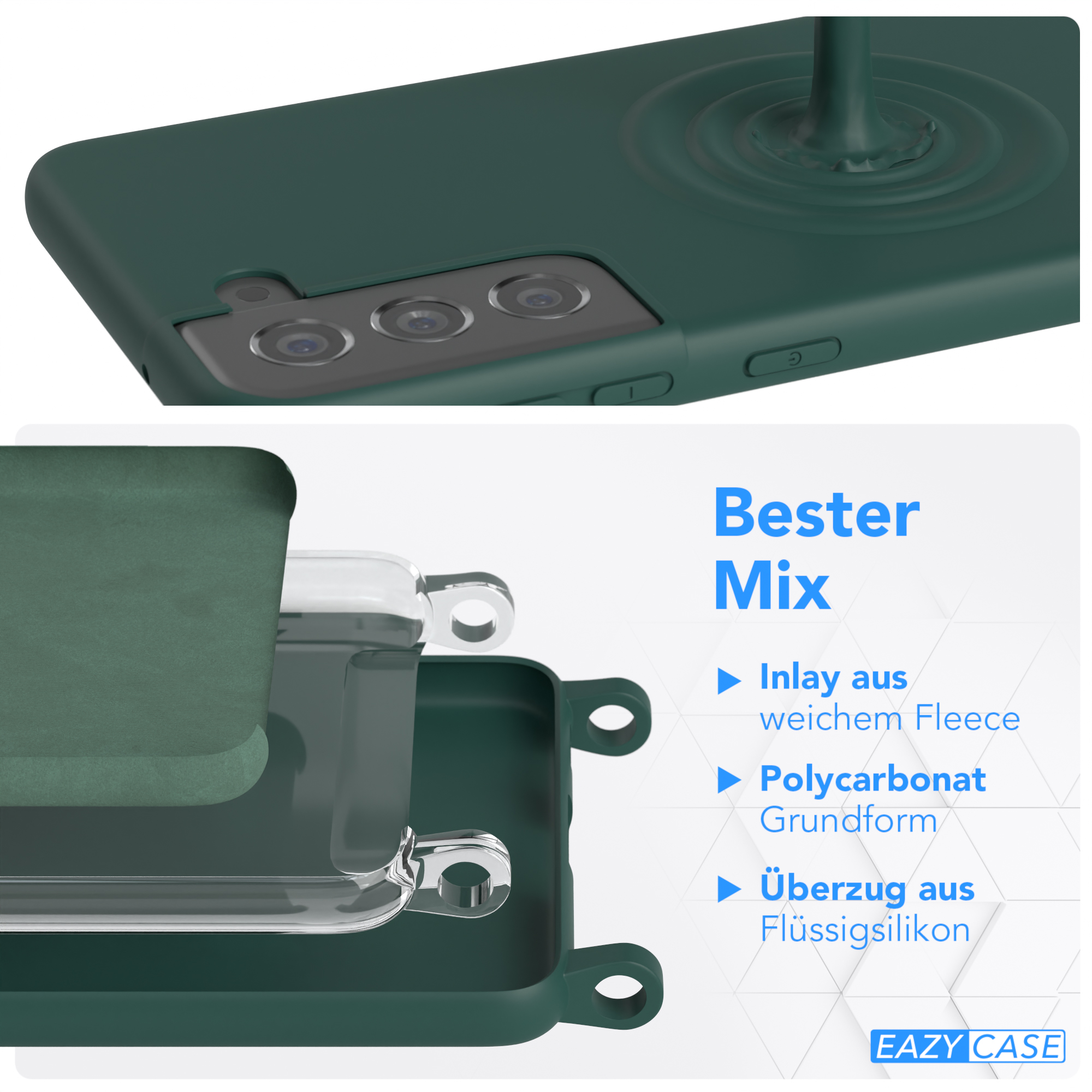 Eine grüne Handyhülle mit sichtbaren Materialschichten: Fleece-Inlay, Polycarbonat-Basis und Silikon-Überzug.