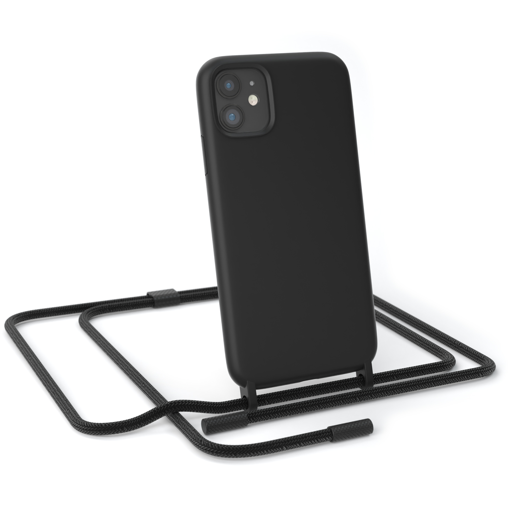 Ein schwarzes Telefon mit schwarzem Kabel. Das Telefon befindet sich in einer schwarzen Hülle.
