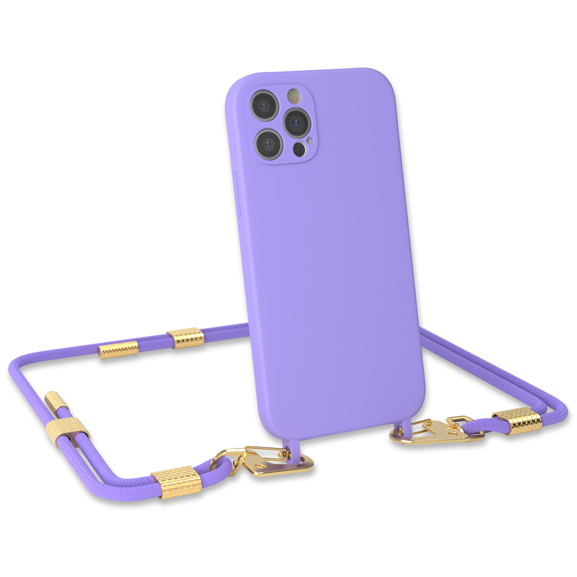 Lila Handyhülle mit lila Kordel und goldfarbenen Metallakzenten. Das Telefon ist sichtbar.
