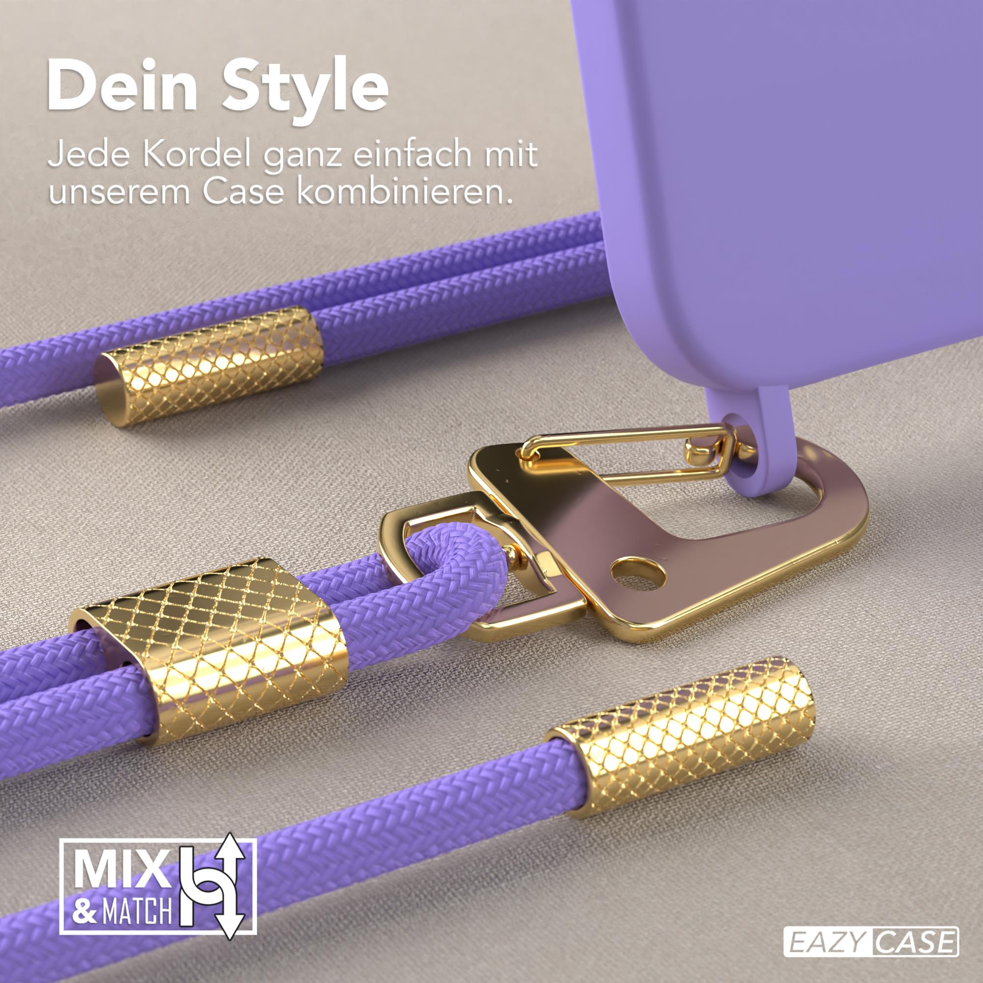 Nahaufnahme einer lila Handyhülle mit goldenen Akzenten und einer lila Kordel.