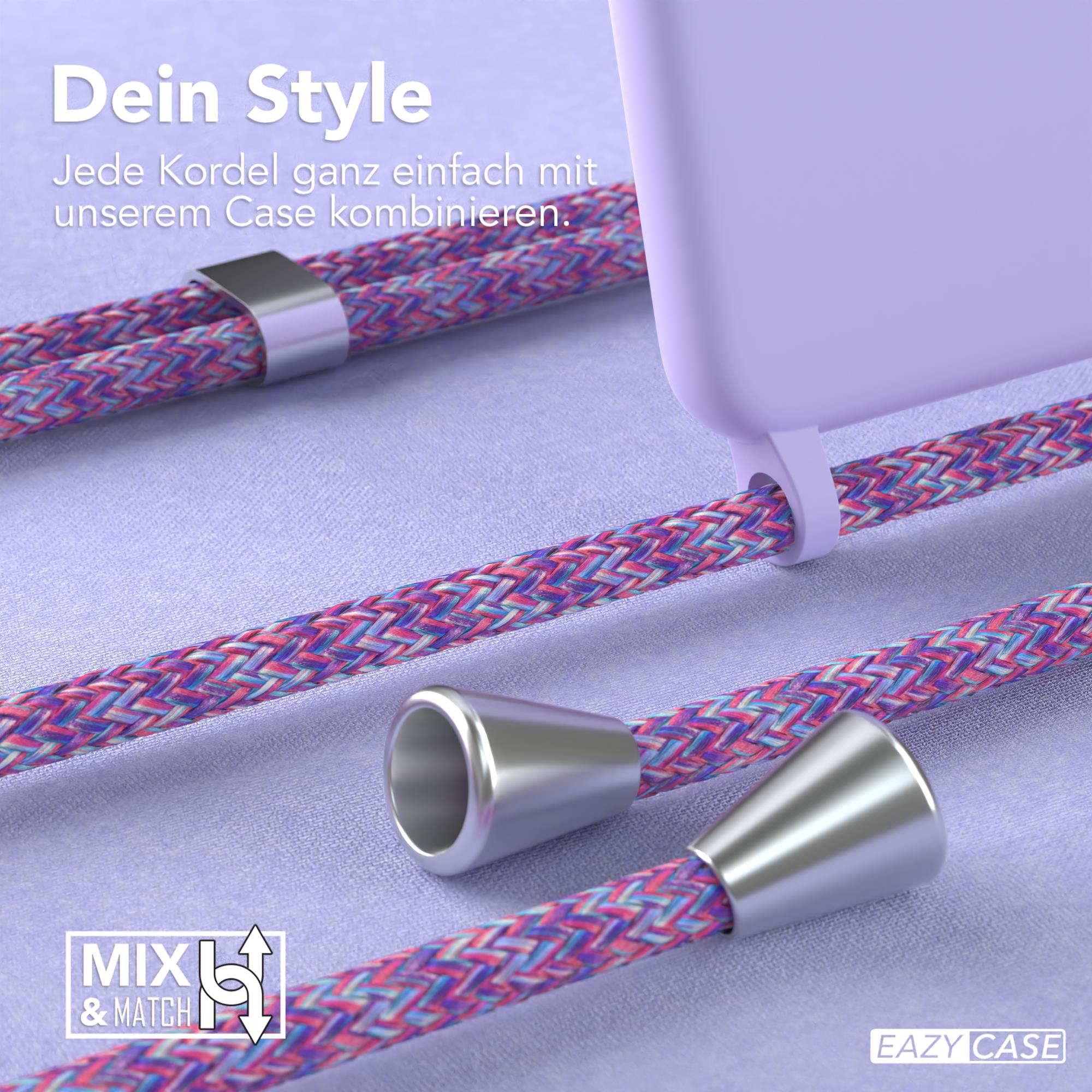 Nahaufnahme einer lila-rosa Handykordel. Silberfarbene Metallaufsätze und eine lila Handyhülle.