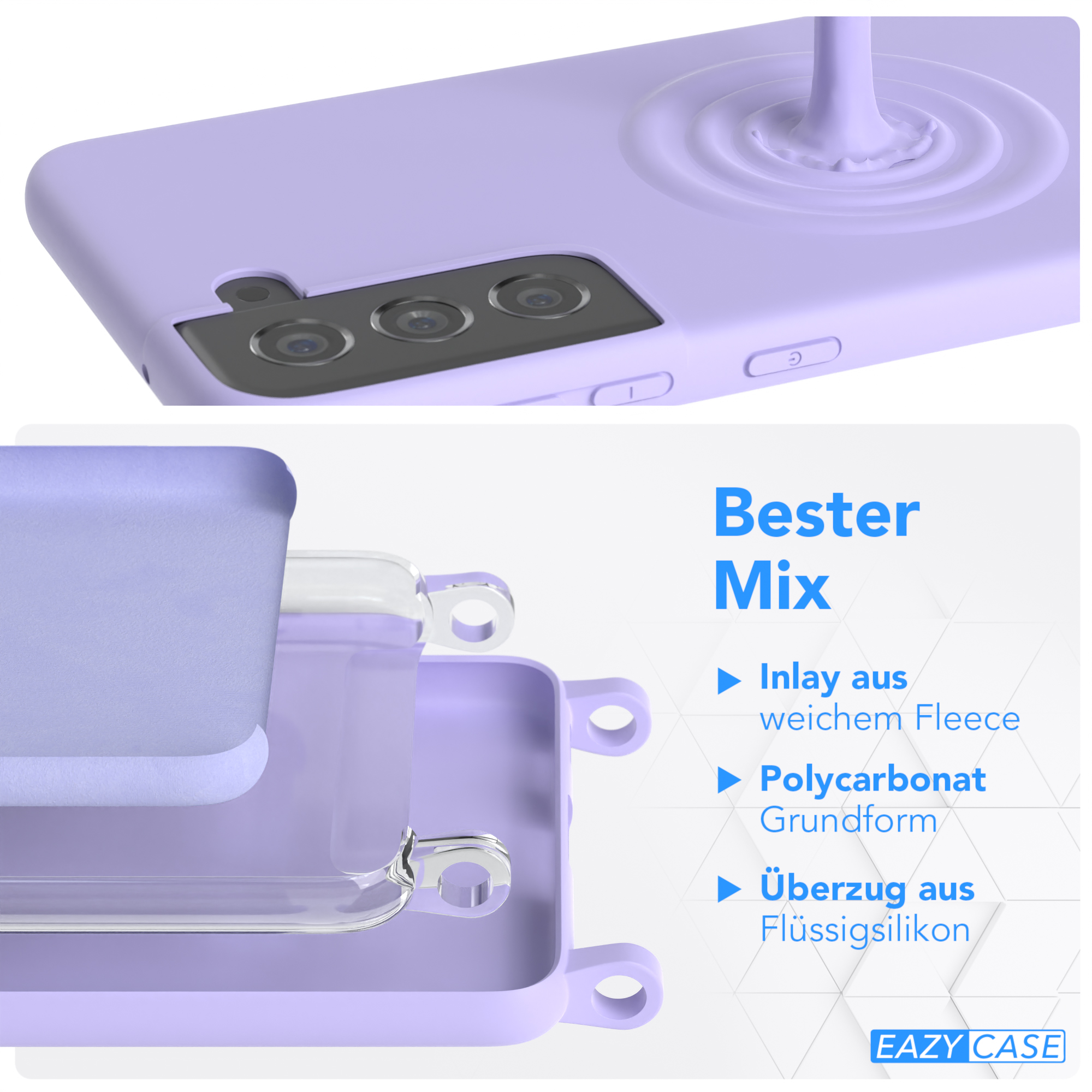 Eine Handyhülle mit verschiedenen Materialschichten. Enthält eine transparente Schicht, eine lila Basis und eine Oberseite.