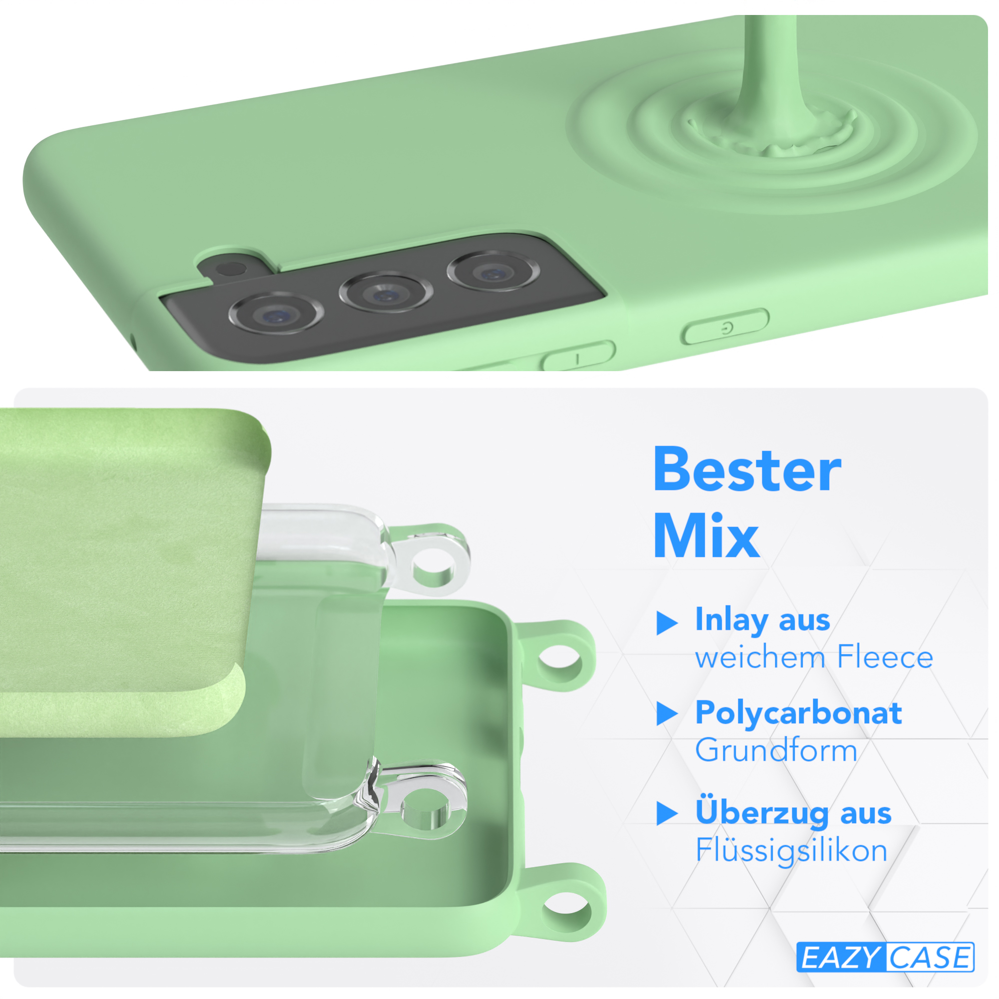 Komponenten einer Handyhülle. Schichtdesign: Einlage, Polycarbonat und Silikonhülle. Text "Bester Mix" vorhanden.