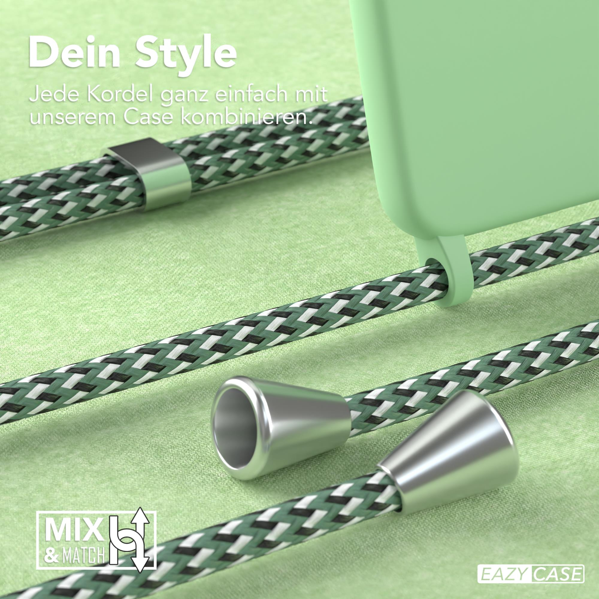Grün-weiß geflochtenes Kabel mit silbernen Spitzen und grüner Handyhülle. Text: Dein Style, Mix & Match.