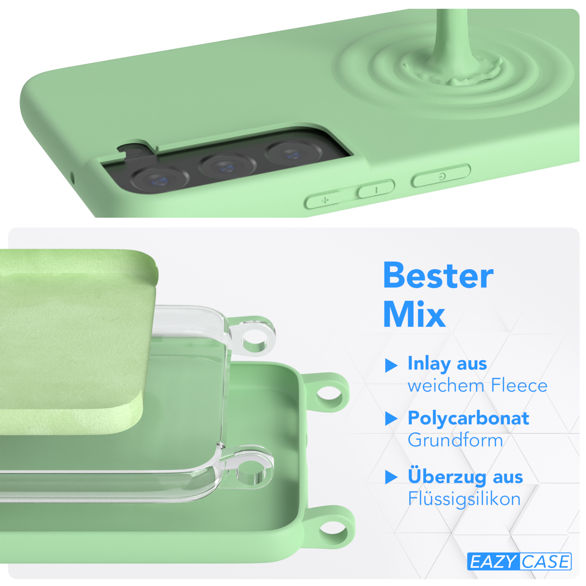 Grüne Handyhülle mit Schichten, die verschiedene Materialien und Funktionen zeigen.