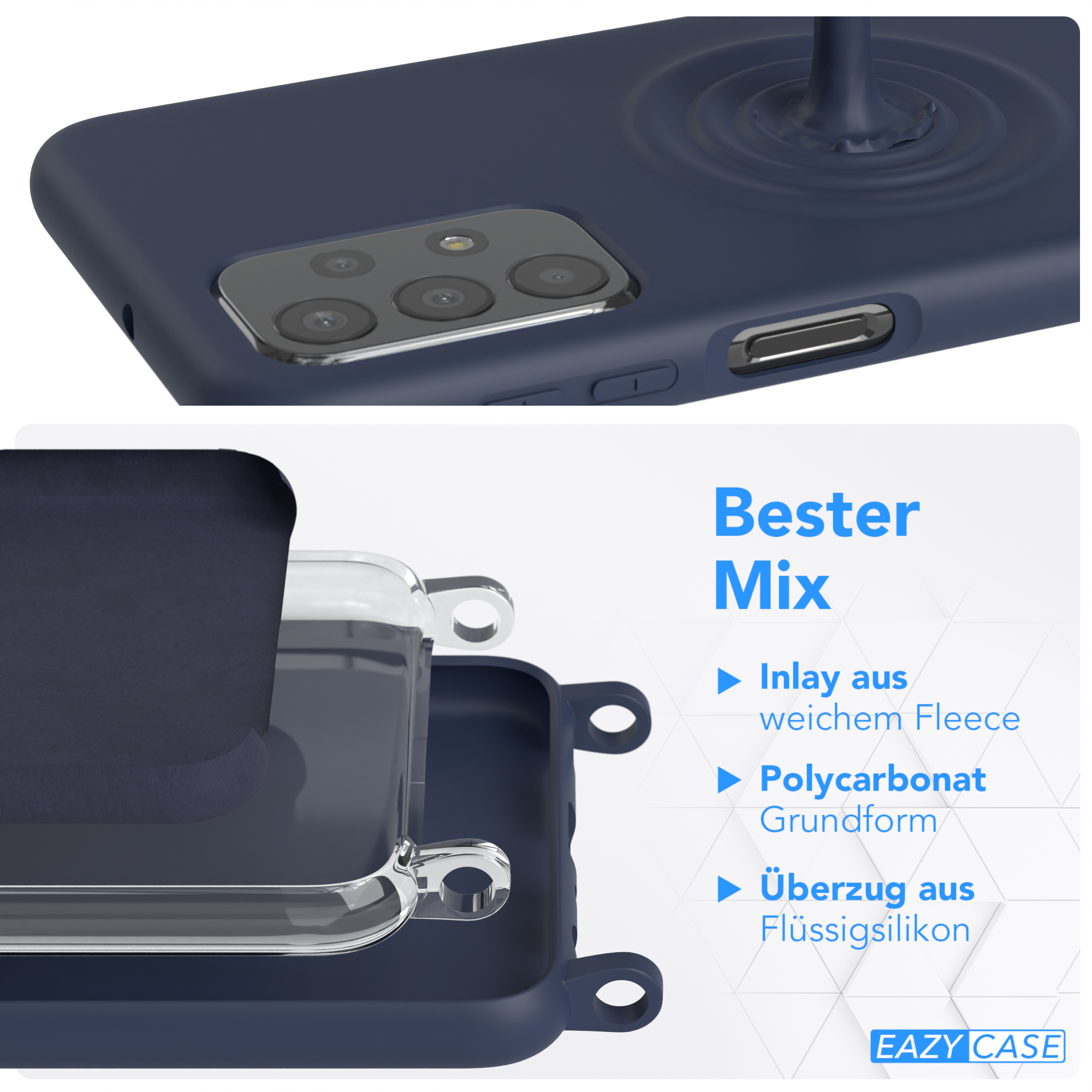 Nahaufnahme einer Handyhülle und ihrer Schichten mit dem Text 'Bester Mix', Inlay, Polycarbonat und Silikon.