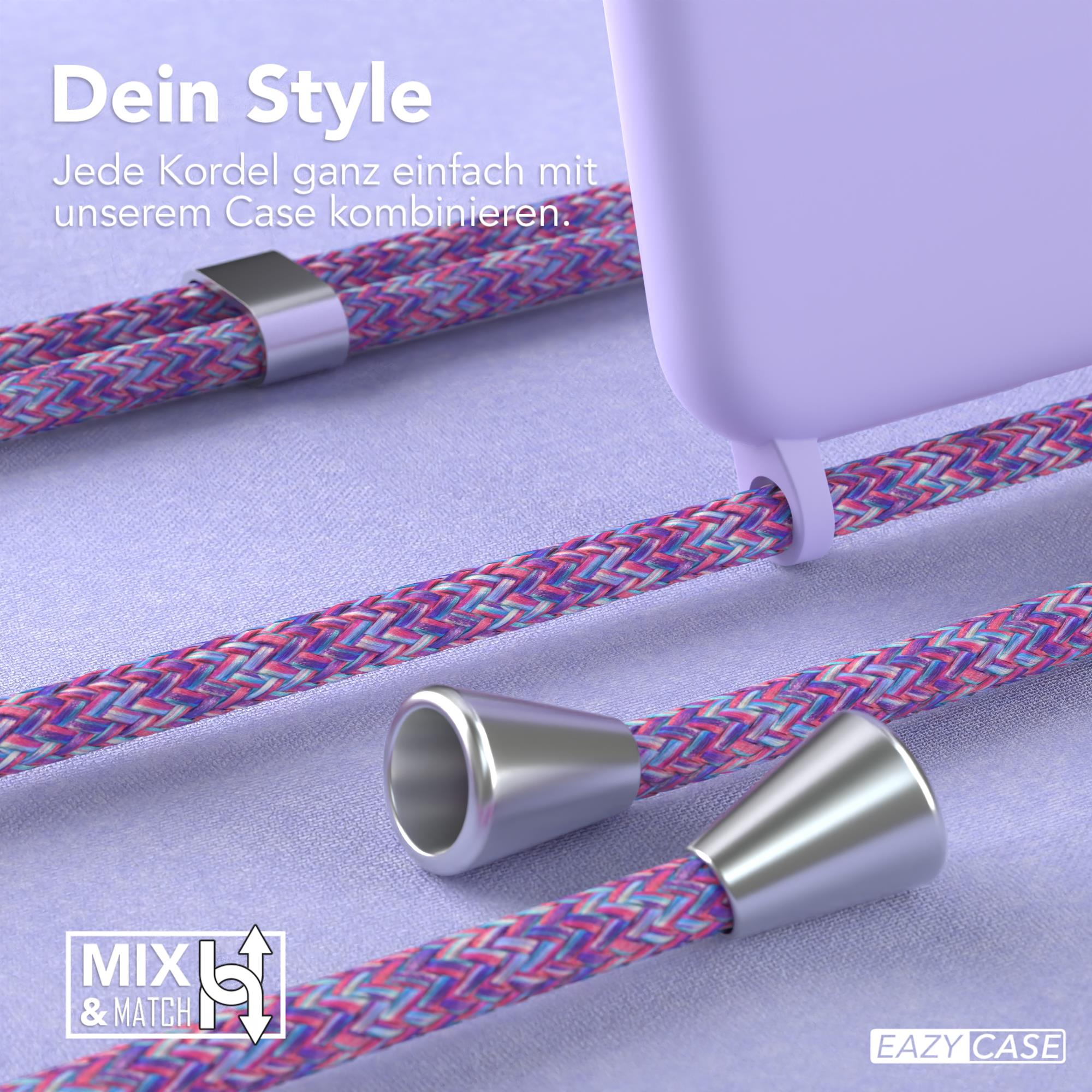 Nahaufnahme von Handyhülle und Schlüsselband. Lila Hülle und geflochtenes Schlüsselband mit silbernen Metallakzenten.