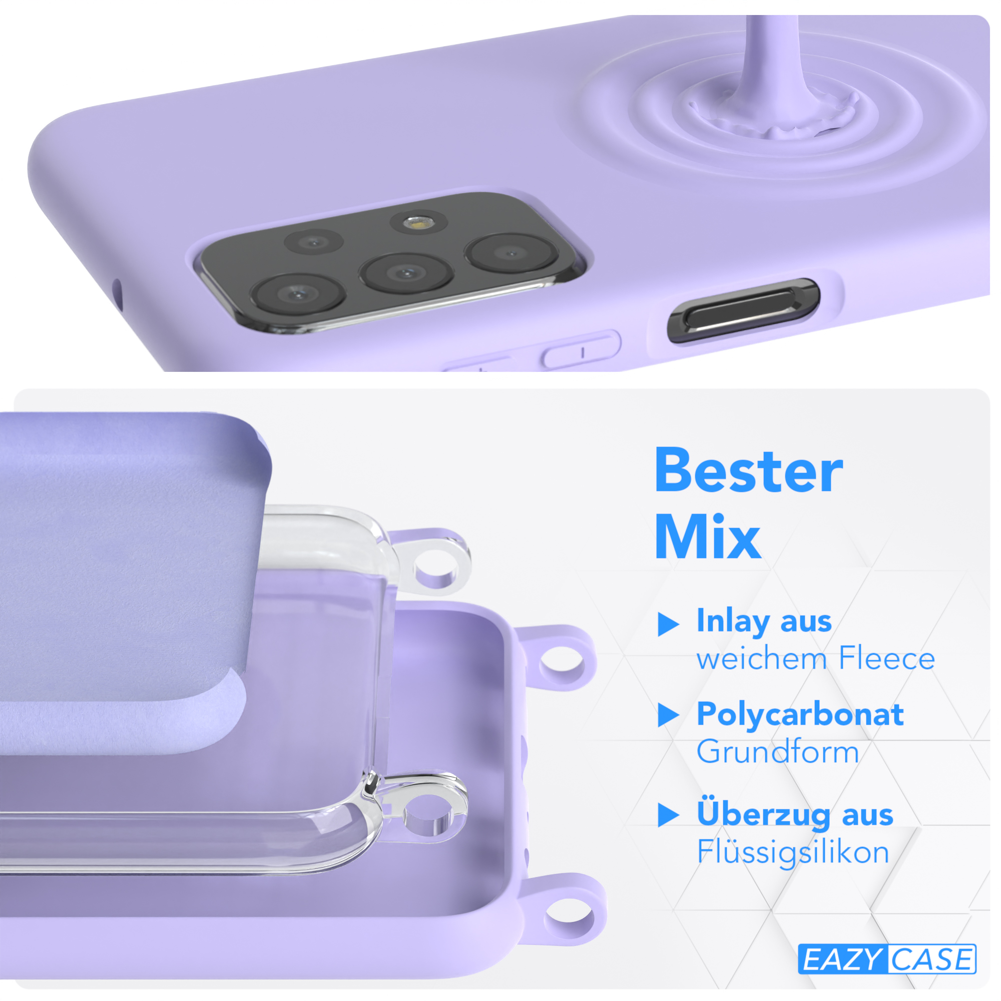 Nahaufnahme einer Handyhülle mit Text: Bester Mix. Geschichtetes Design. Eazy Case Logo. Schutzhülle.