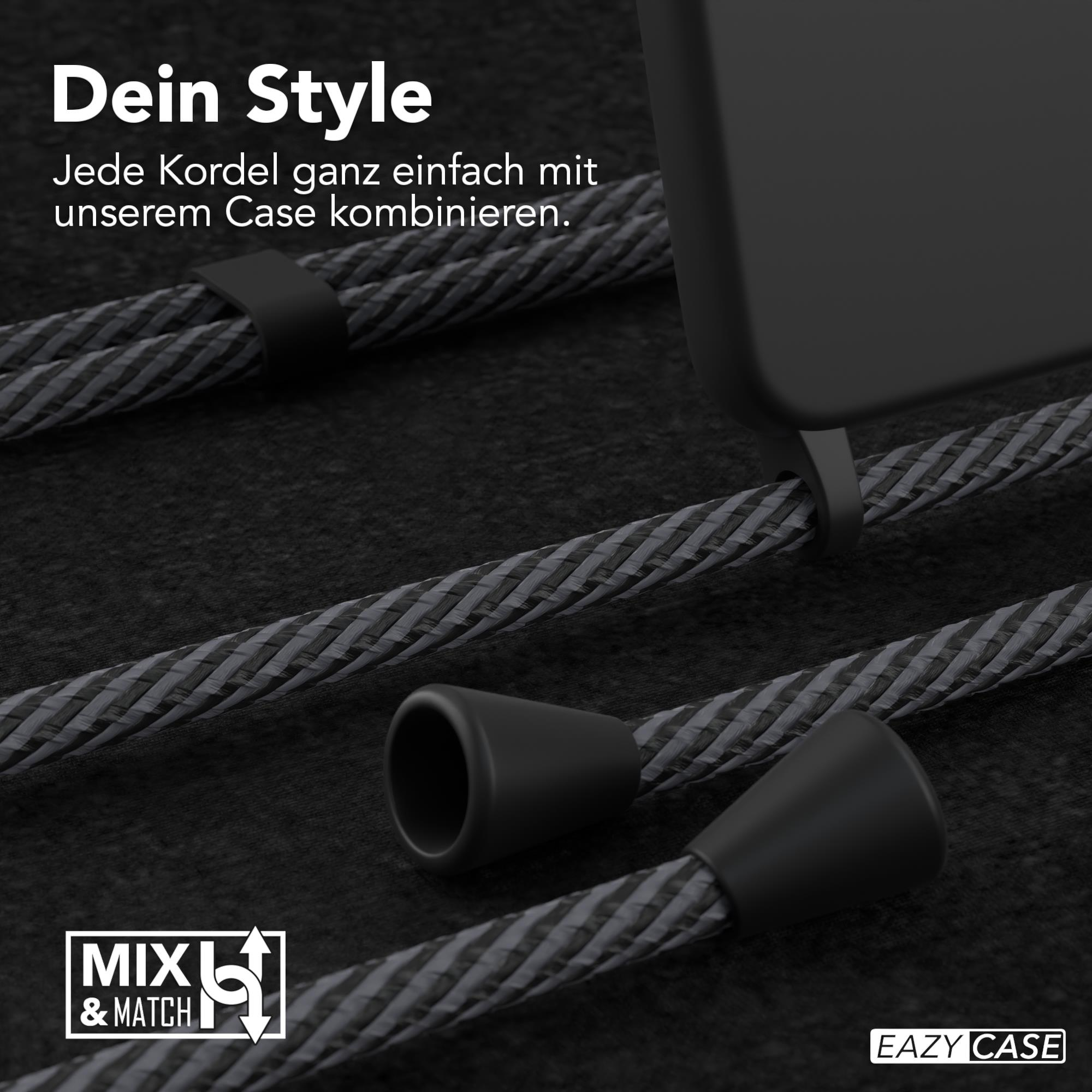 Schwarz-graue geflochtene Kordel mit Metallspitzen, verbunden mit einer schwarzen Handyhülle. Logo sichtbar.