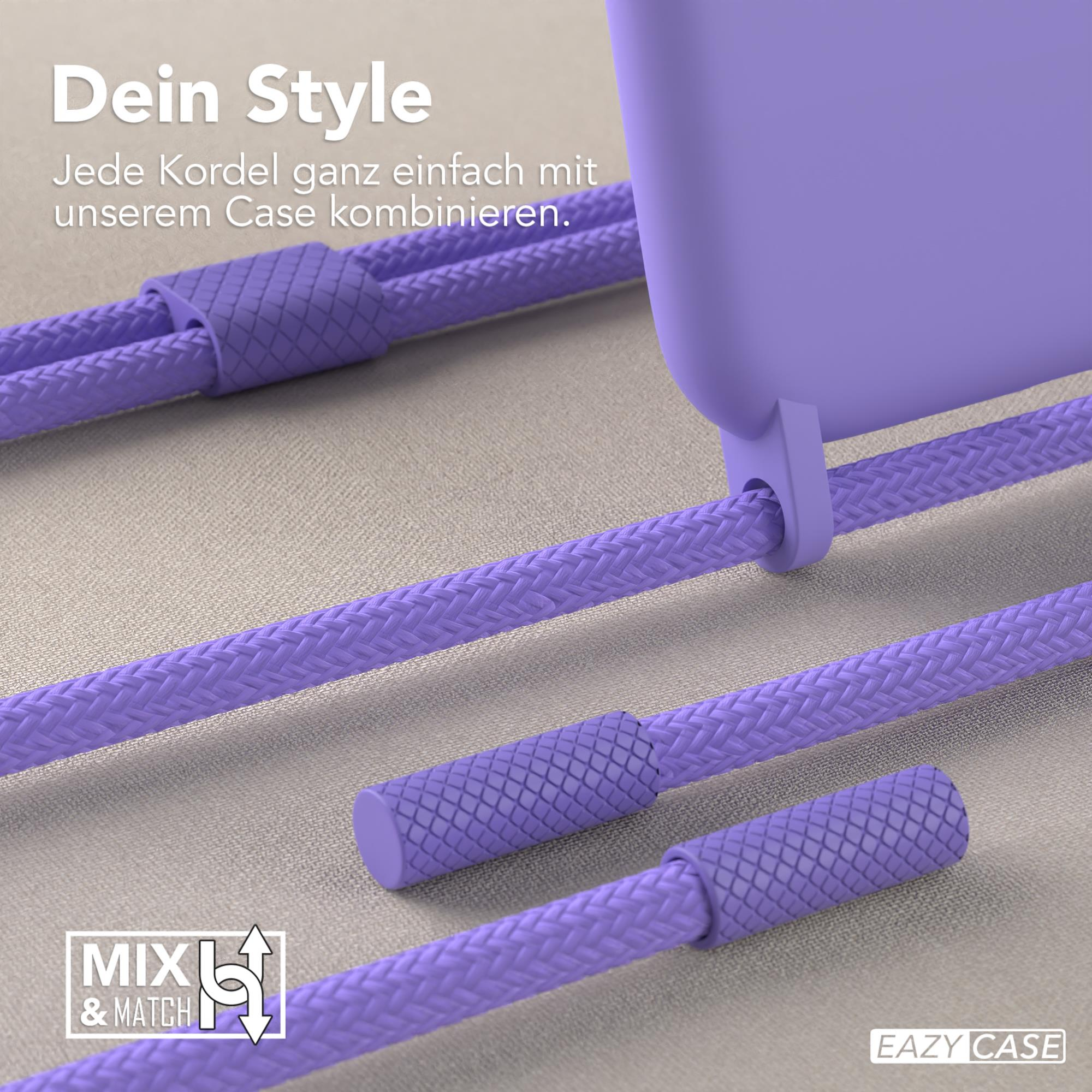 Lila Handyhülle mit passendem Kabel. Nahaufnahme, die die Textur hervorhebt.
