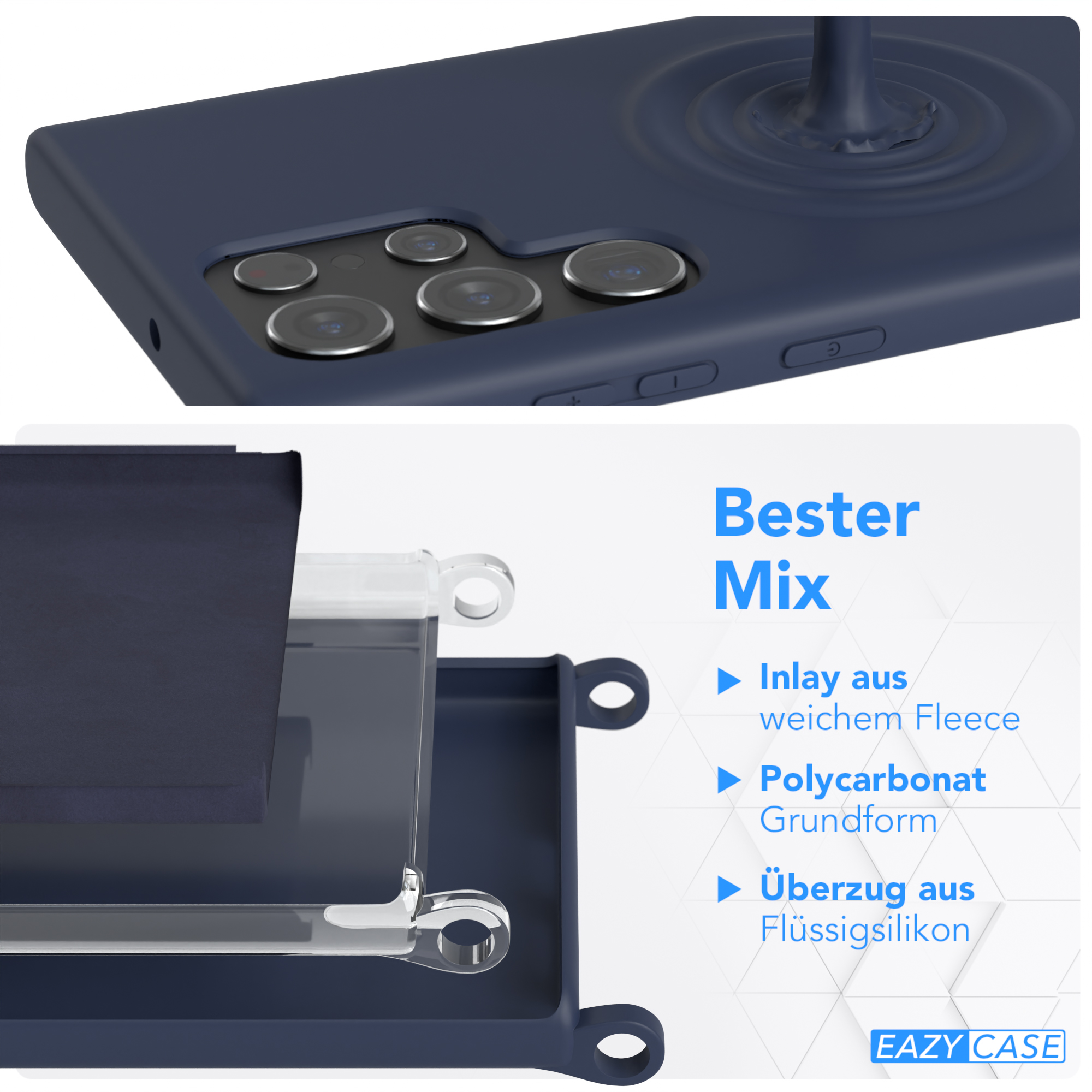 Blaue Handyhüllenkomponenten, die Schichten aus Fleece, Polycarbonat und Silikon zeigen.