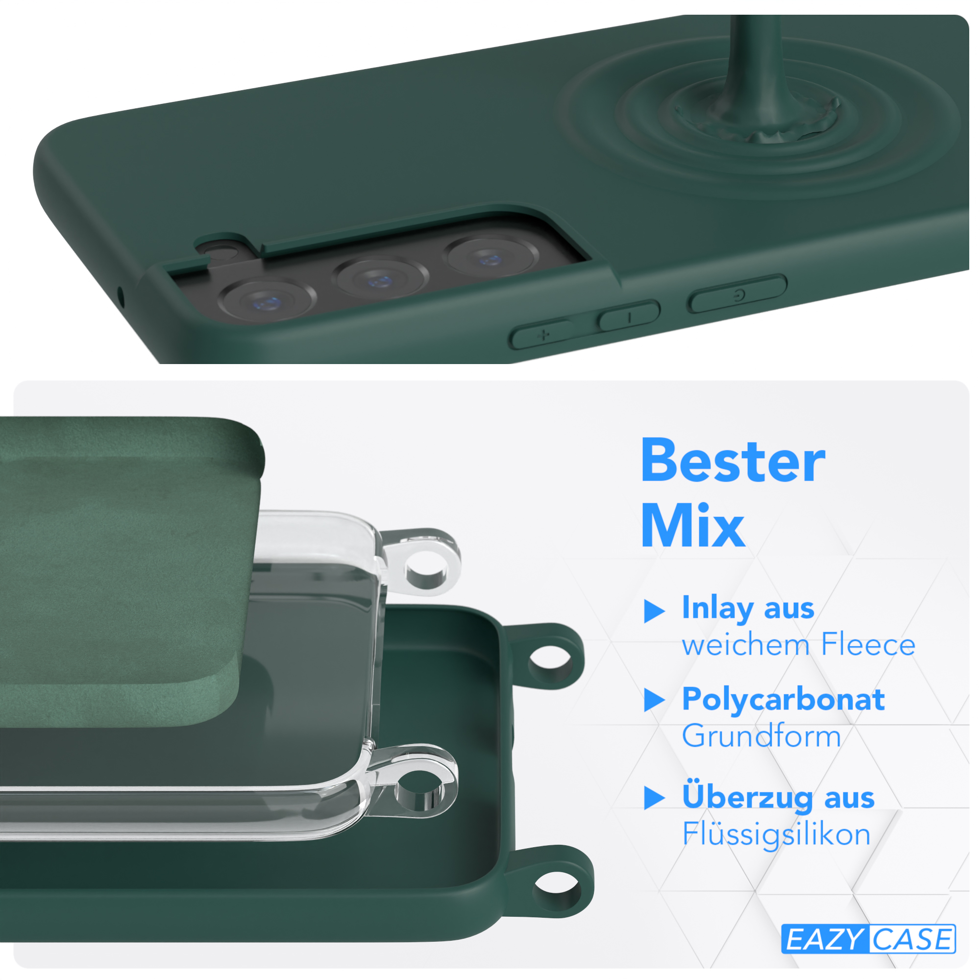 Eine Handyhülle mit grüner Außenseite und Schichten aus Fleece und Polycarbonat. Das Eazy Case Logo ist sichtbar.
