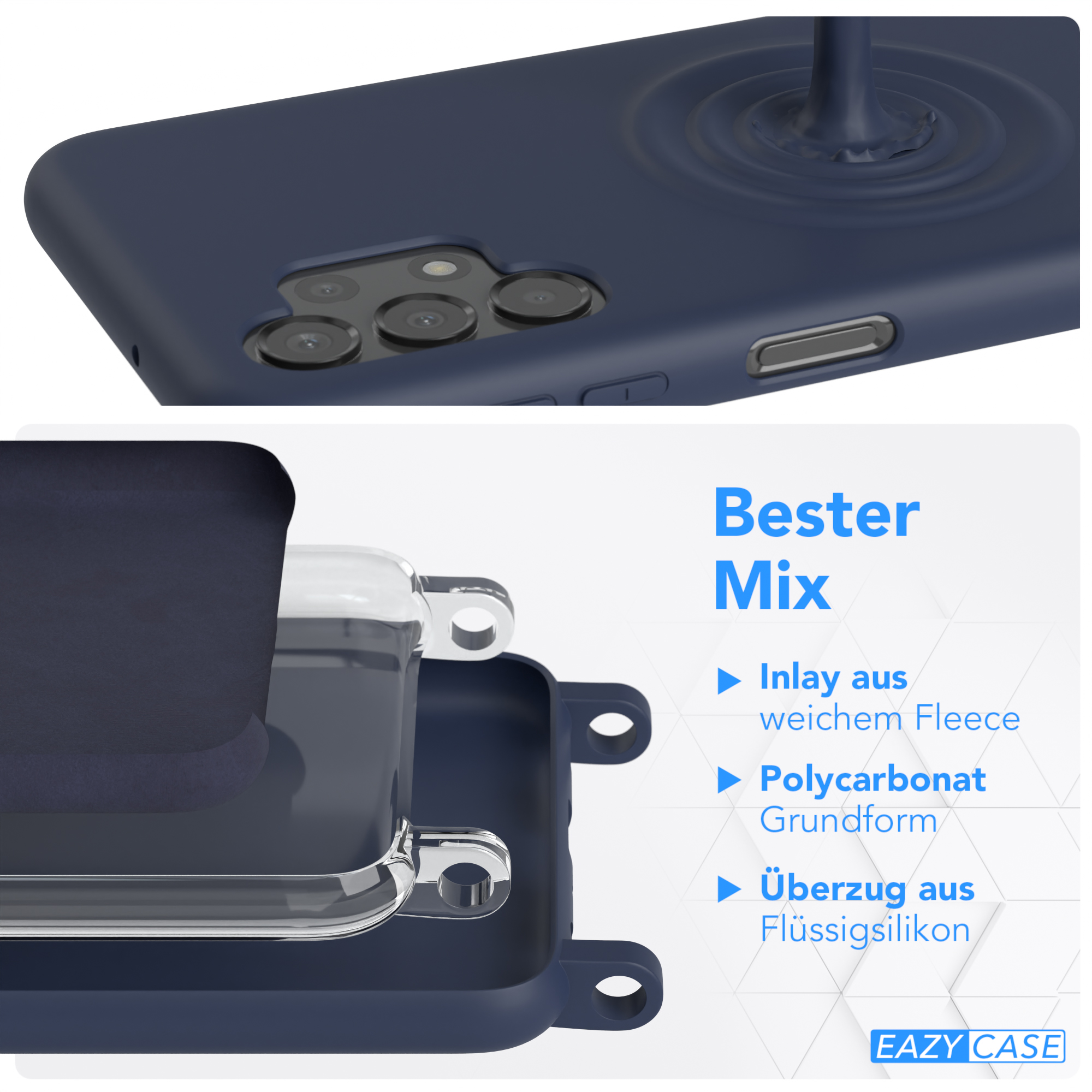 Marineblaue Handyhülle mit mehrschichtigem Design, einschließlich Inlay, Polycarbonat und Silikon.
