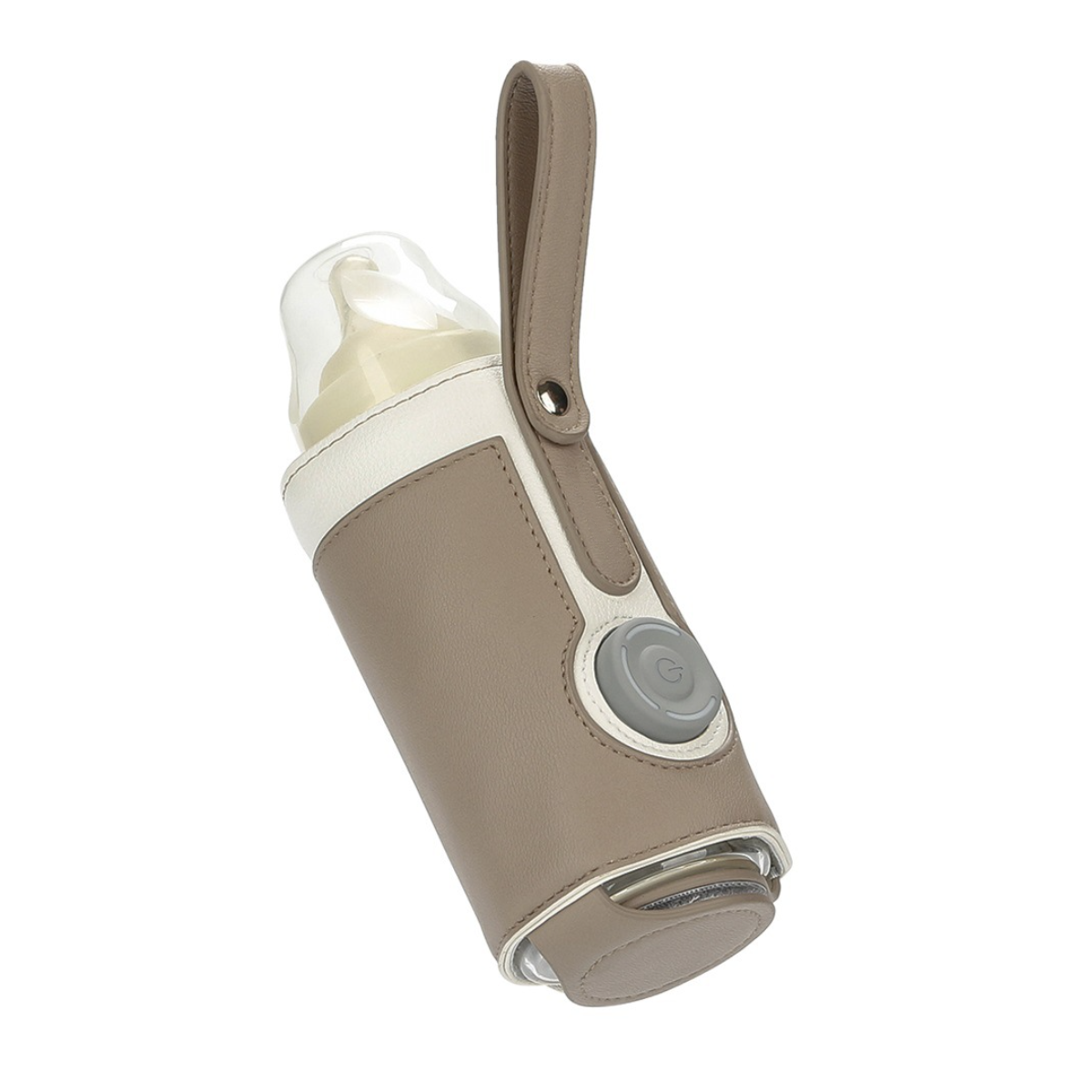 Babyflaschenwärmer in einem braunen und weißen Gehäuse mit Griff und grauem Knopf.