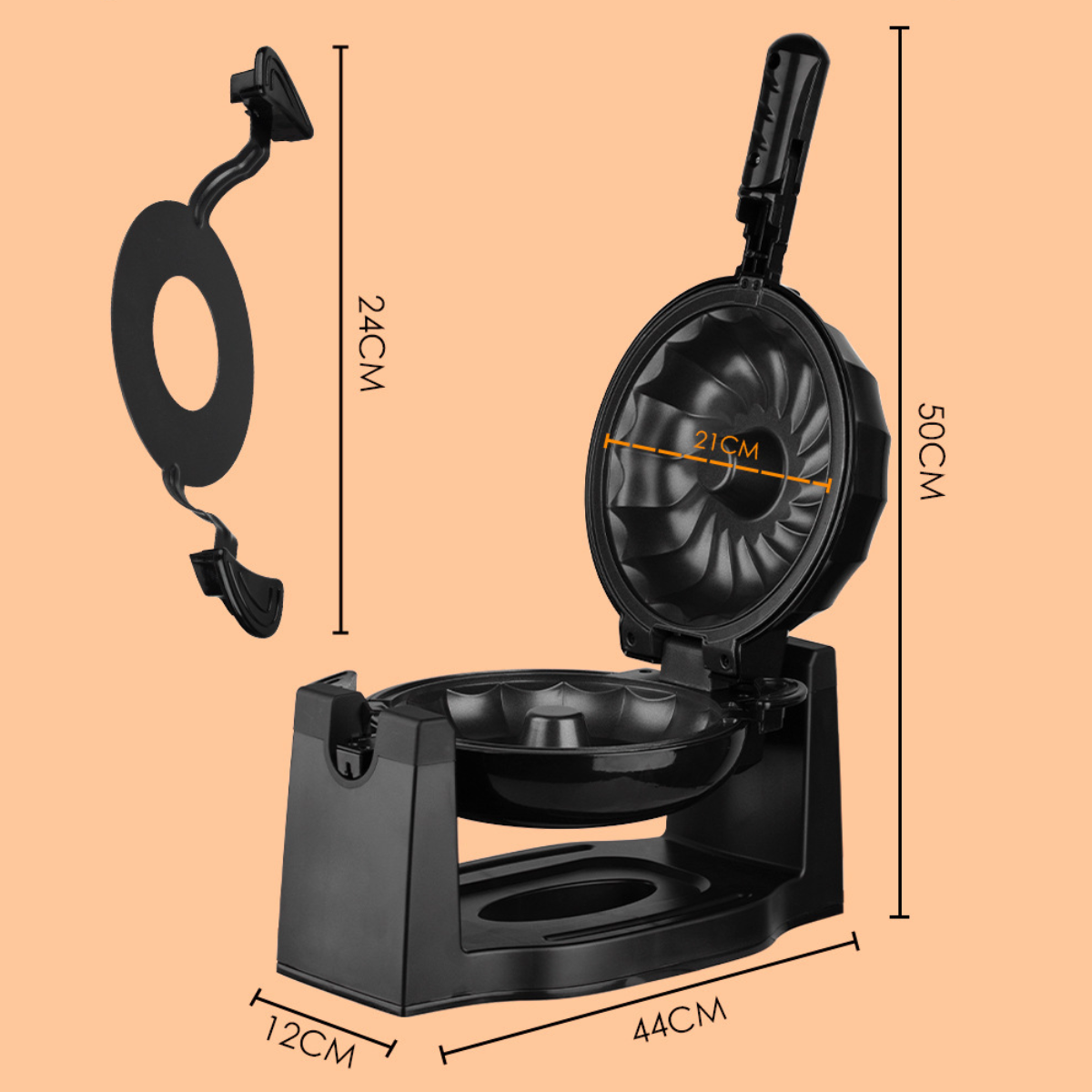 Schwarze Donut-Pfanne mit den Maßen: 44 cm Breite, 50 cm Höhe, 21 cm Durchmesser. Schwarzer Halter und Ständer.