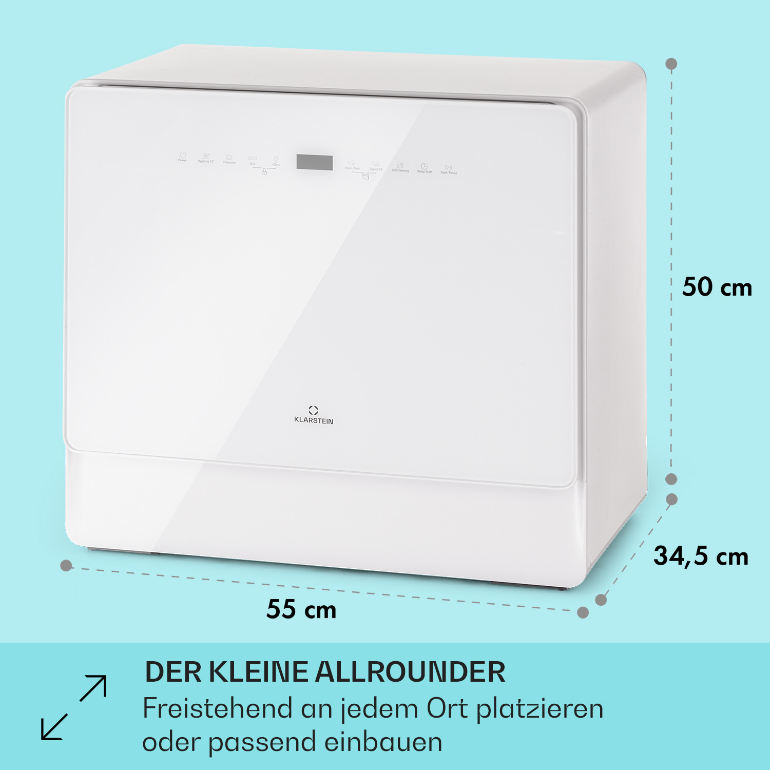 Weißer Geschirrspüler mit beschrifteten Abmessungen. Text: Der kleine Allrounder. Freistehend oder Einbau.