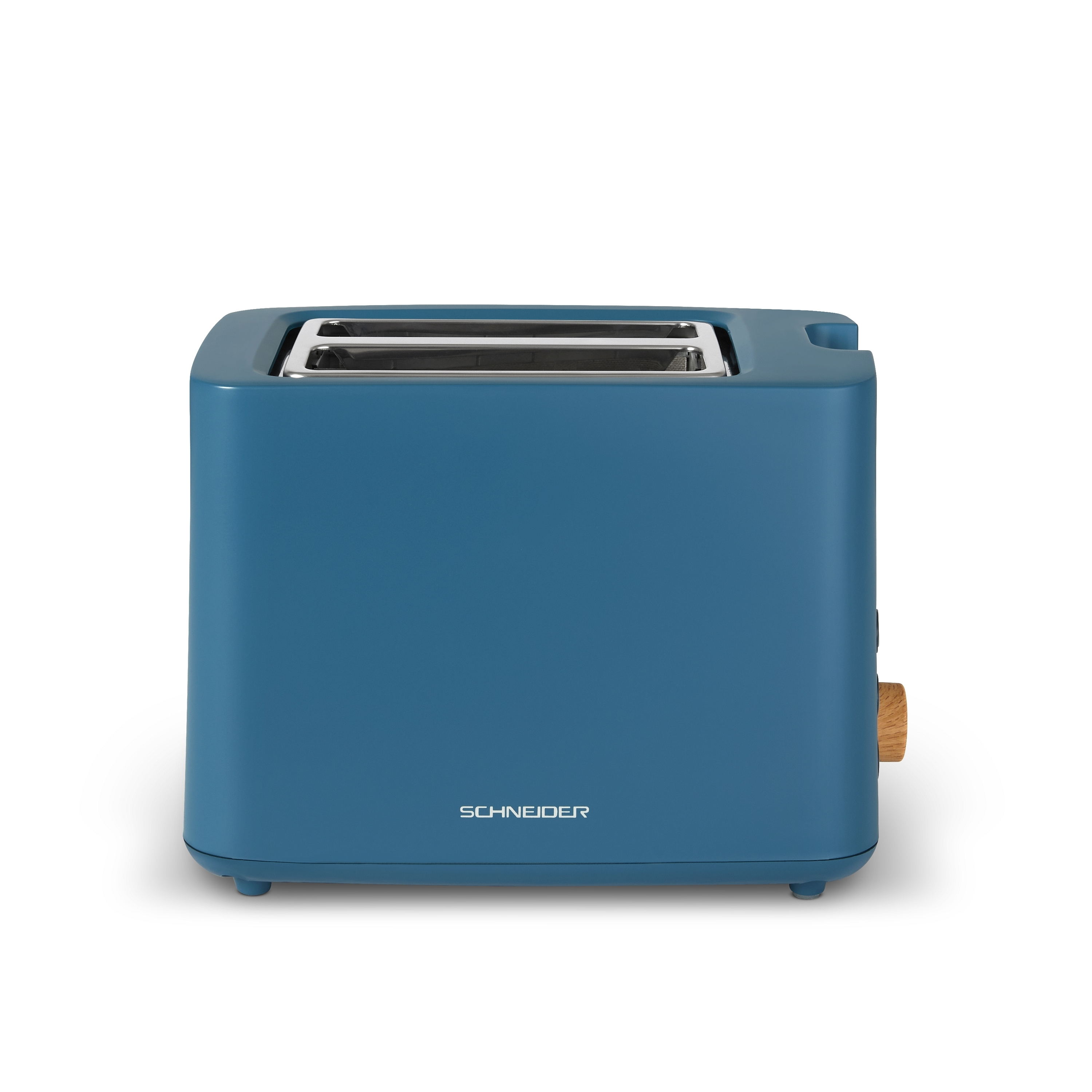Ein blauer Toaster mit zwei Schlitzen. Der Markenname 'SCHNEIDER' ist sichtbar.