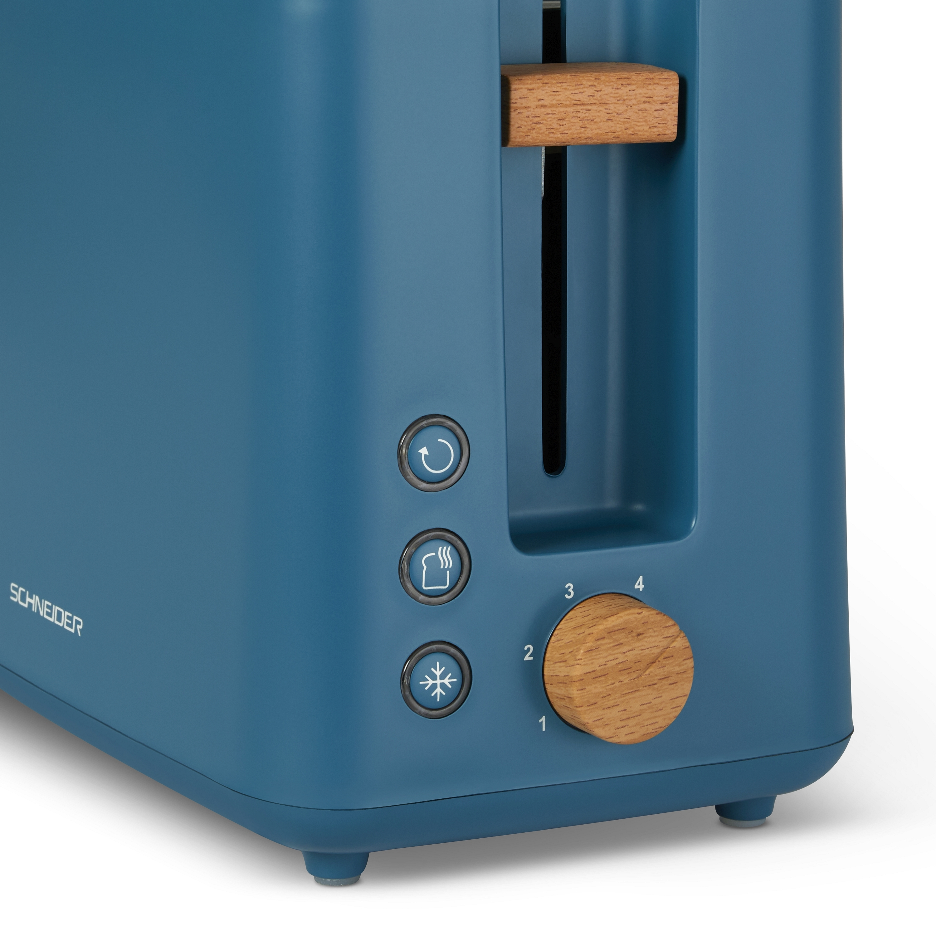 Blauer Toaster mit Holzakzenten und Bedienknöpfen.