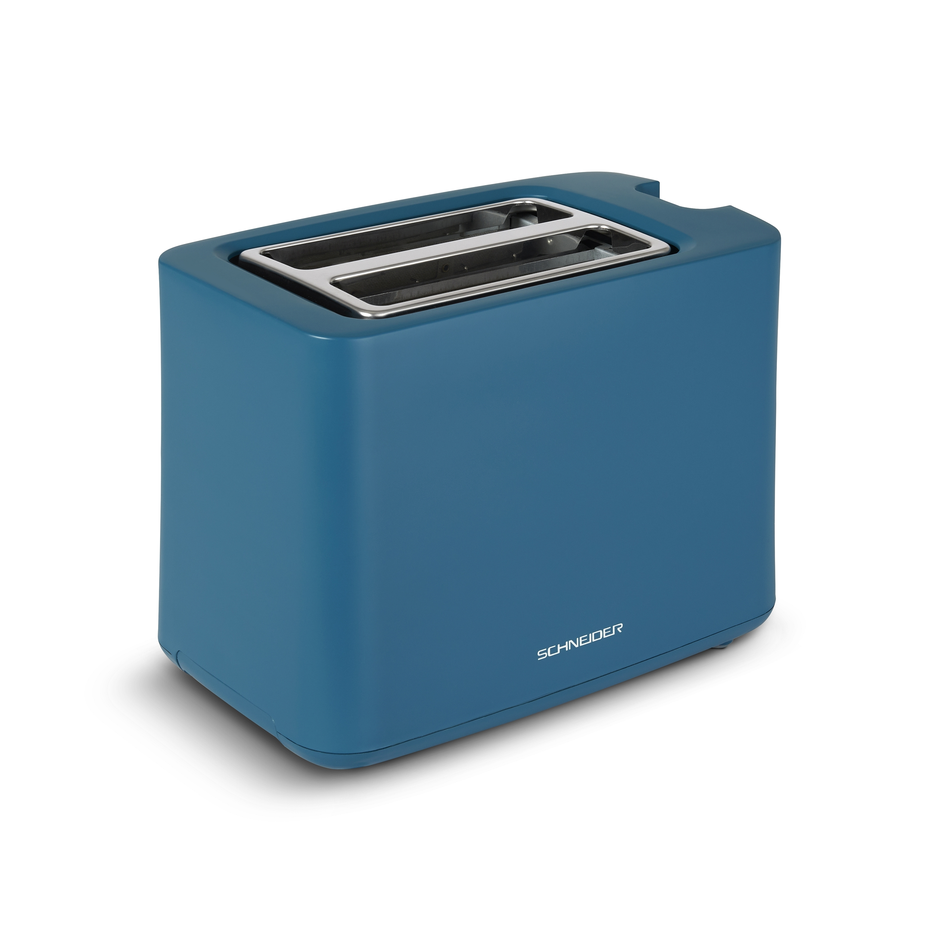 Blauer Toaster mit silbernen Elementen auf weißem Hintergrund.