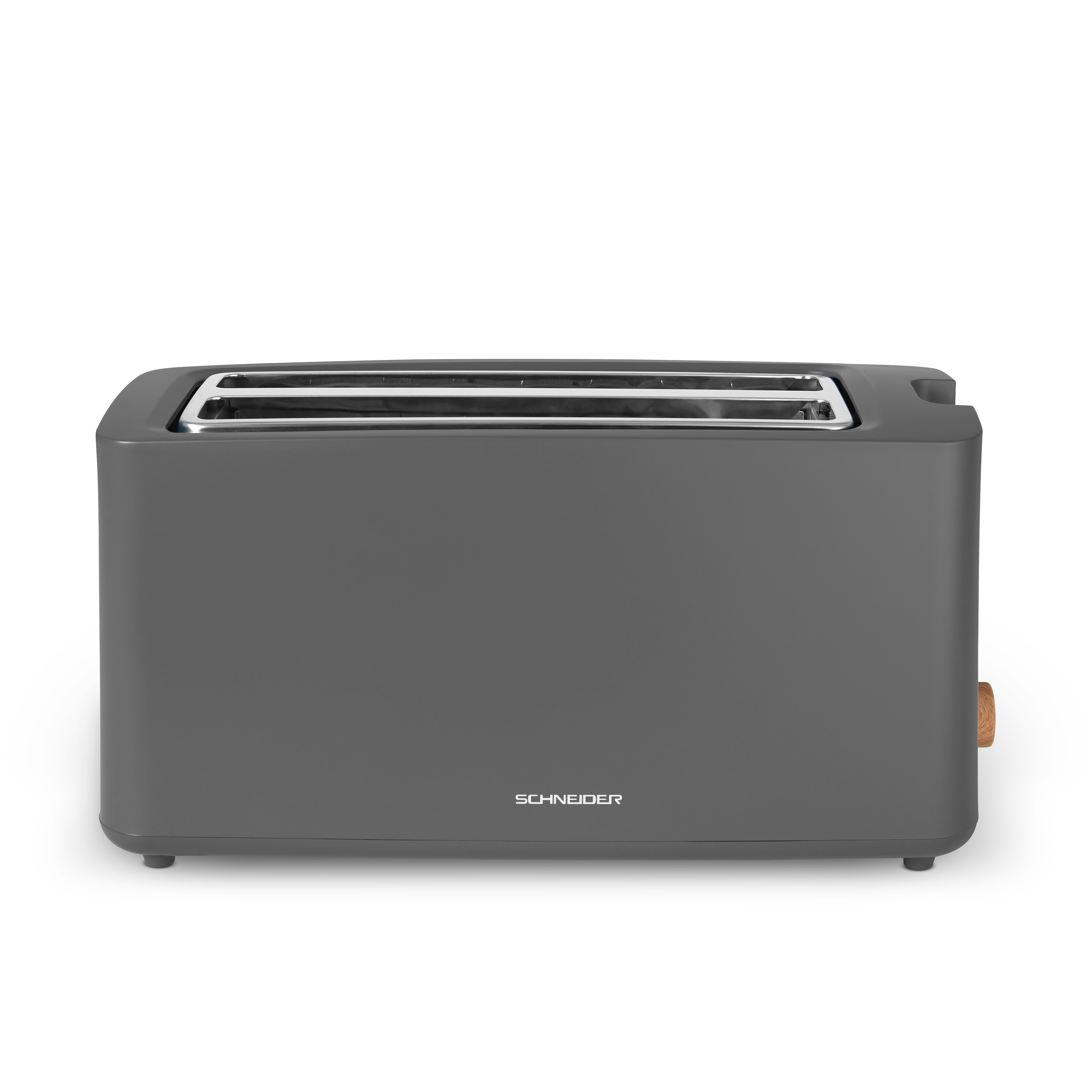 Ein grauer Schneider Toaster auf weißem Hintergrund. Er hat zwei Schlitze und ein Holzdetail.