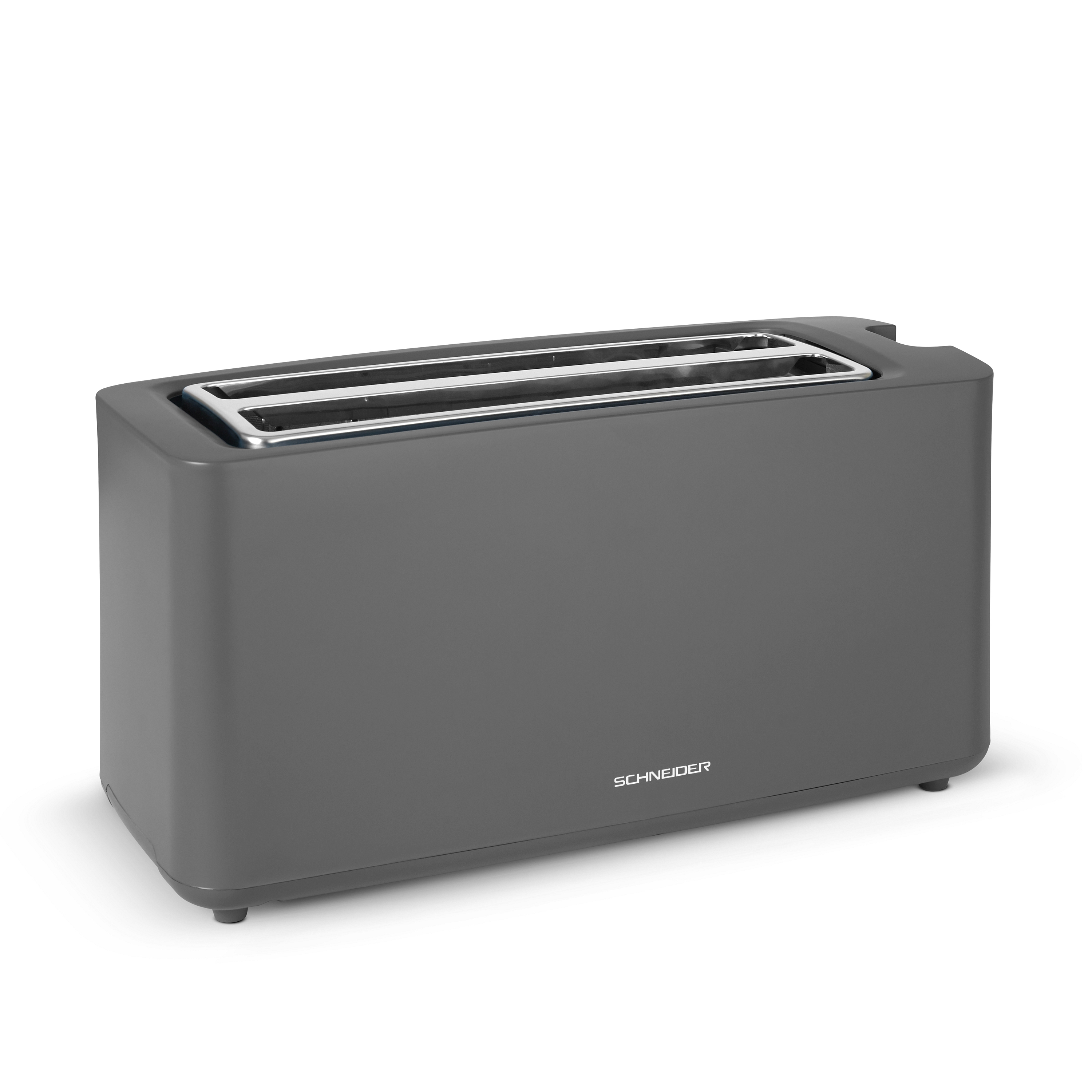 Ein grauer Toaster mit zwei Schlitzen steht auf einer weißen Oberfläche, nach rechts geneigt.