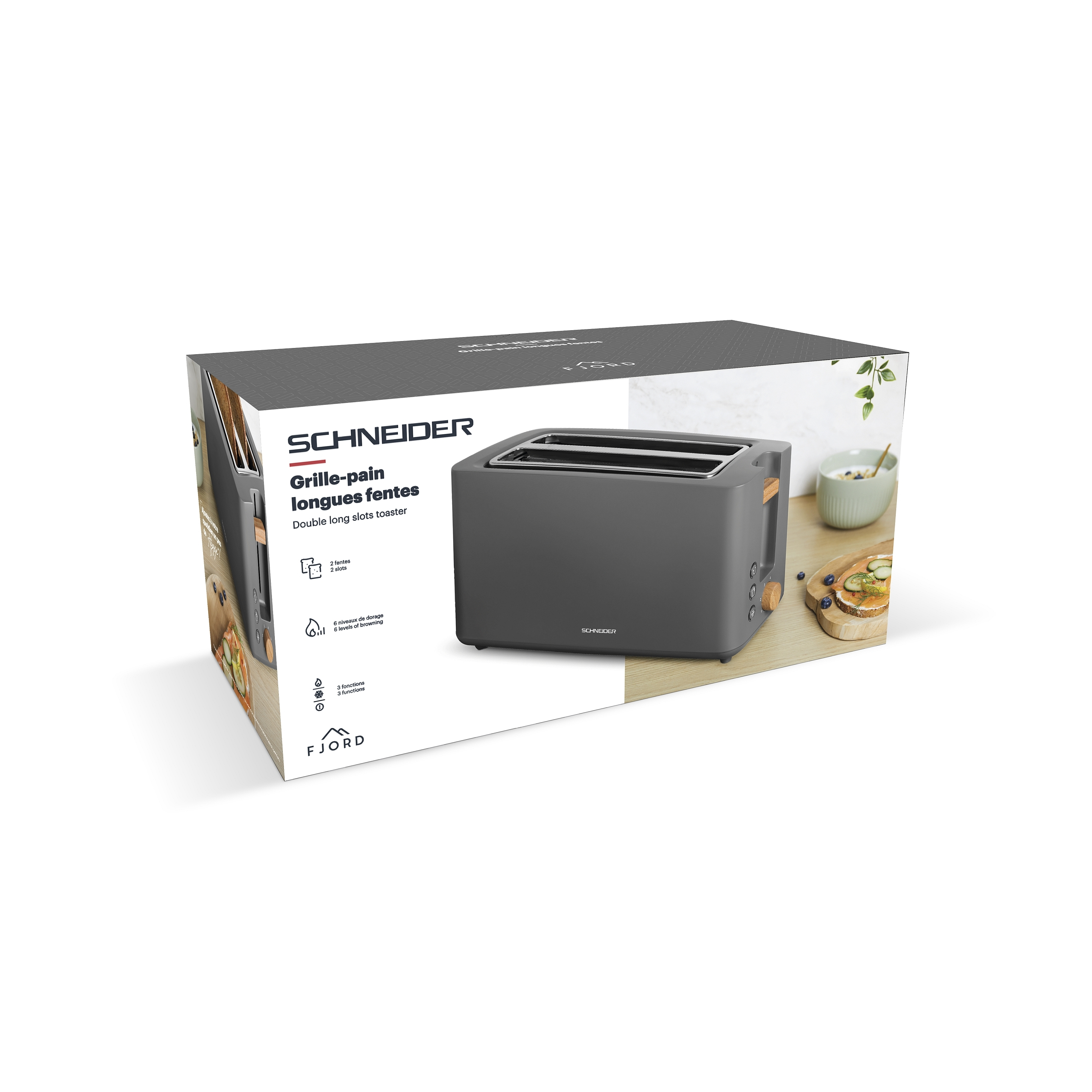 Ein Toaster in einer Box. Der Toaster ist grau, mit Griff und die Marke ist Schneider.