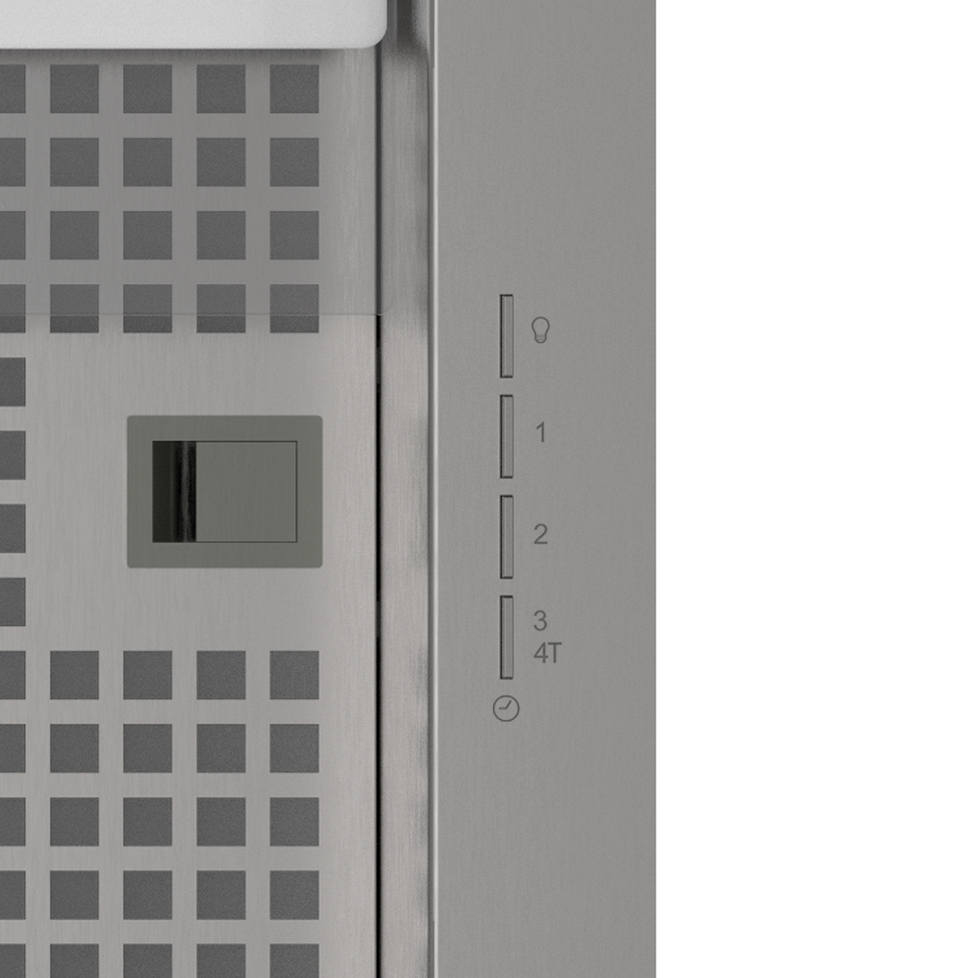 Primer plano del panel de control del sistema de ventilación. Color plata con números y botones.