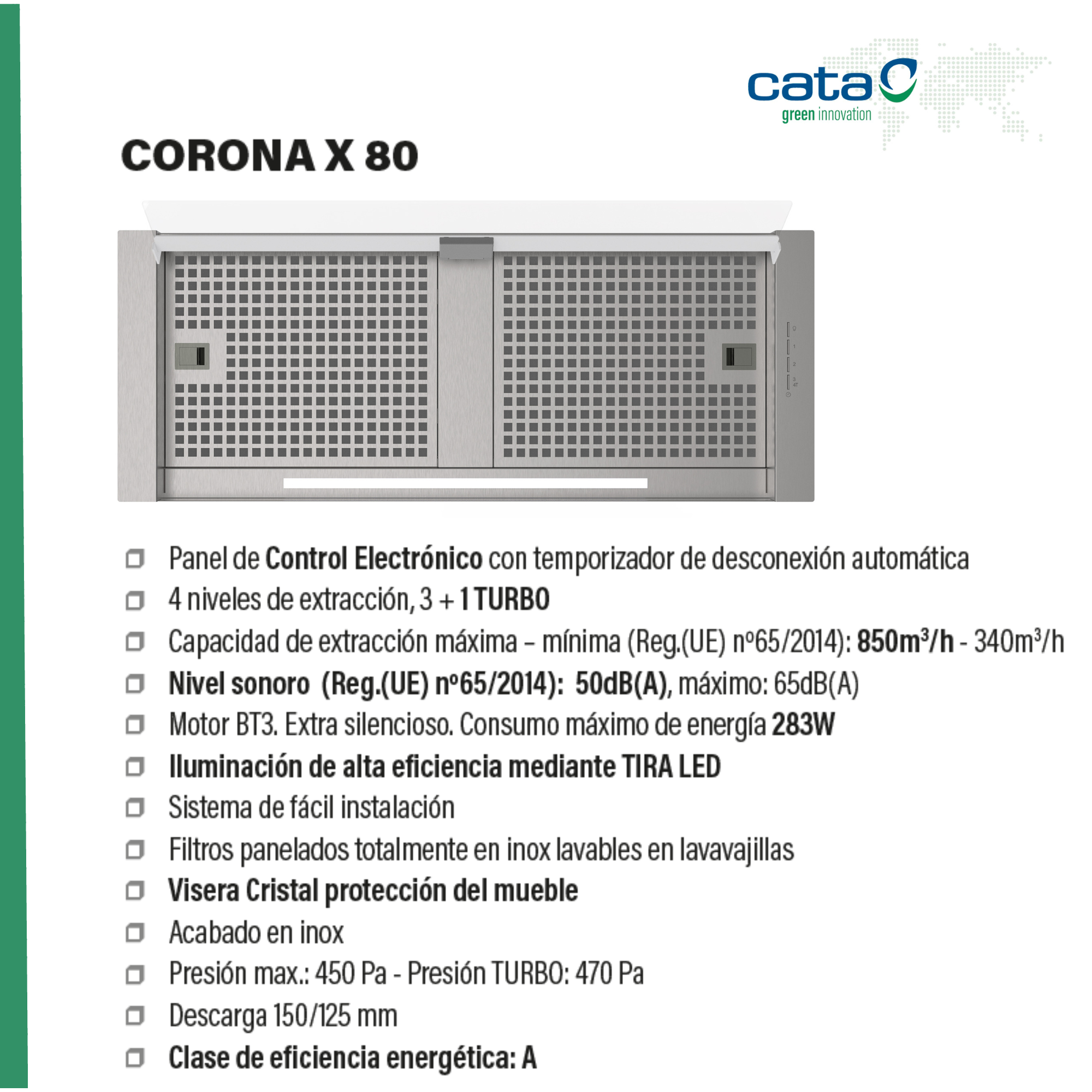 Campana Cata Corona X 80. Es una campana de cocina de acero inoxidable con panel de control y niveles de extracción.