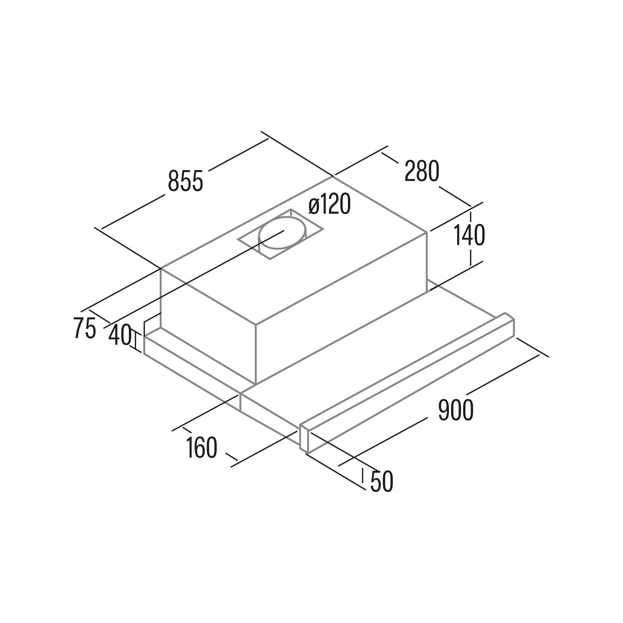 Un diagramma astratto di una cappa da cucina, che mostra le dimensioni. È un disegno tecnico.