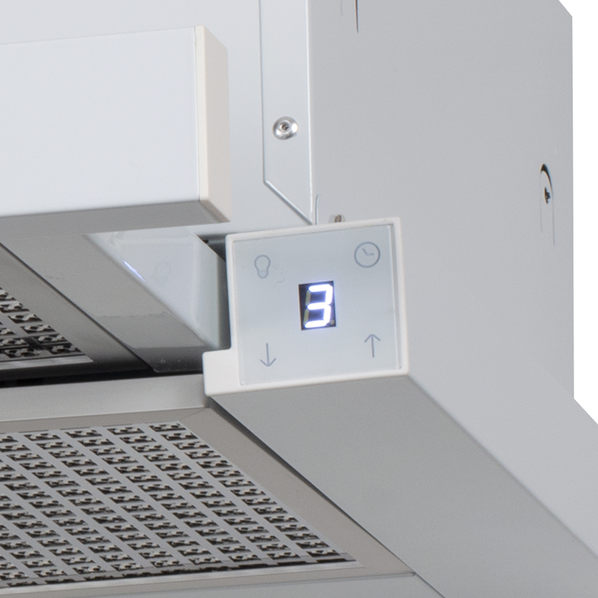 Zbliżenie białego panelu sterowania urządzenia z cyfrowym wyświetlaczem pokazującym liczbę '3'.