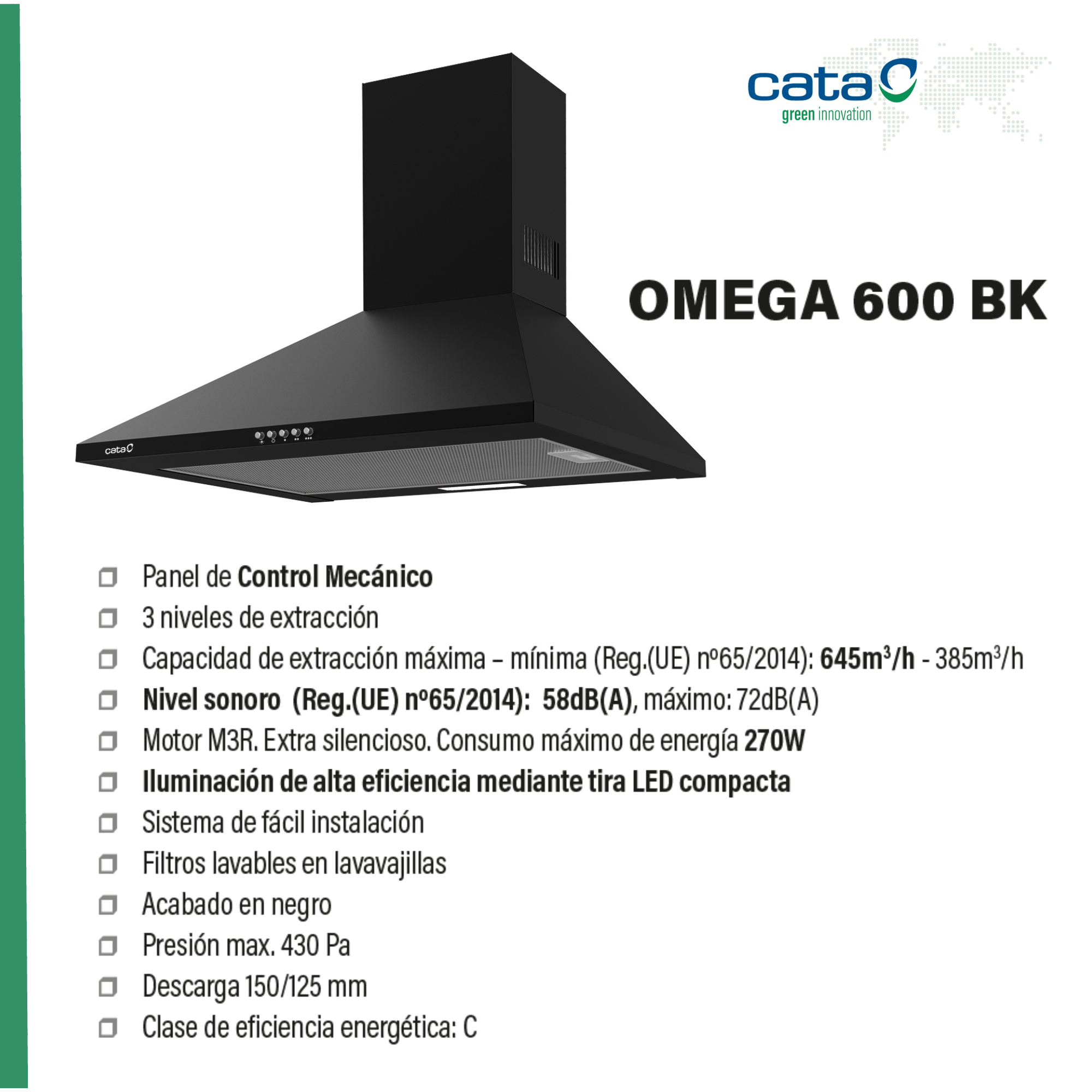 Una cappa da cucina nera, con testo in spagnolo. Ha un design rettangolare e una griglia nella parte inferiore.