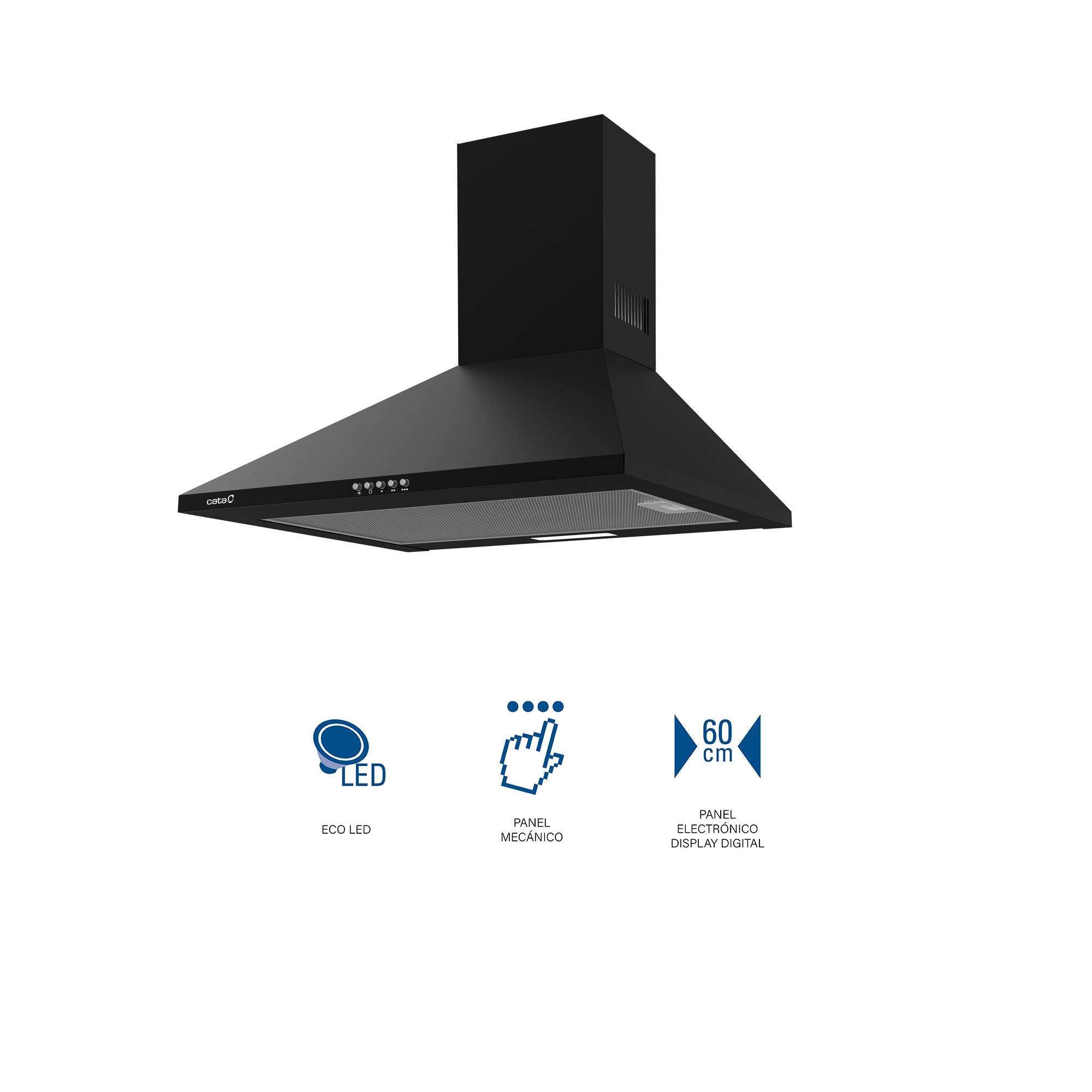 Una cappa da cucina nera con simboli per la luce LED, il pannello meccanico e 60 cm. Sfondo bianco.