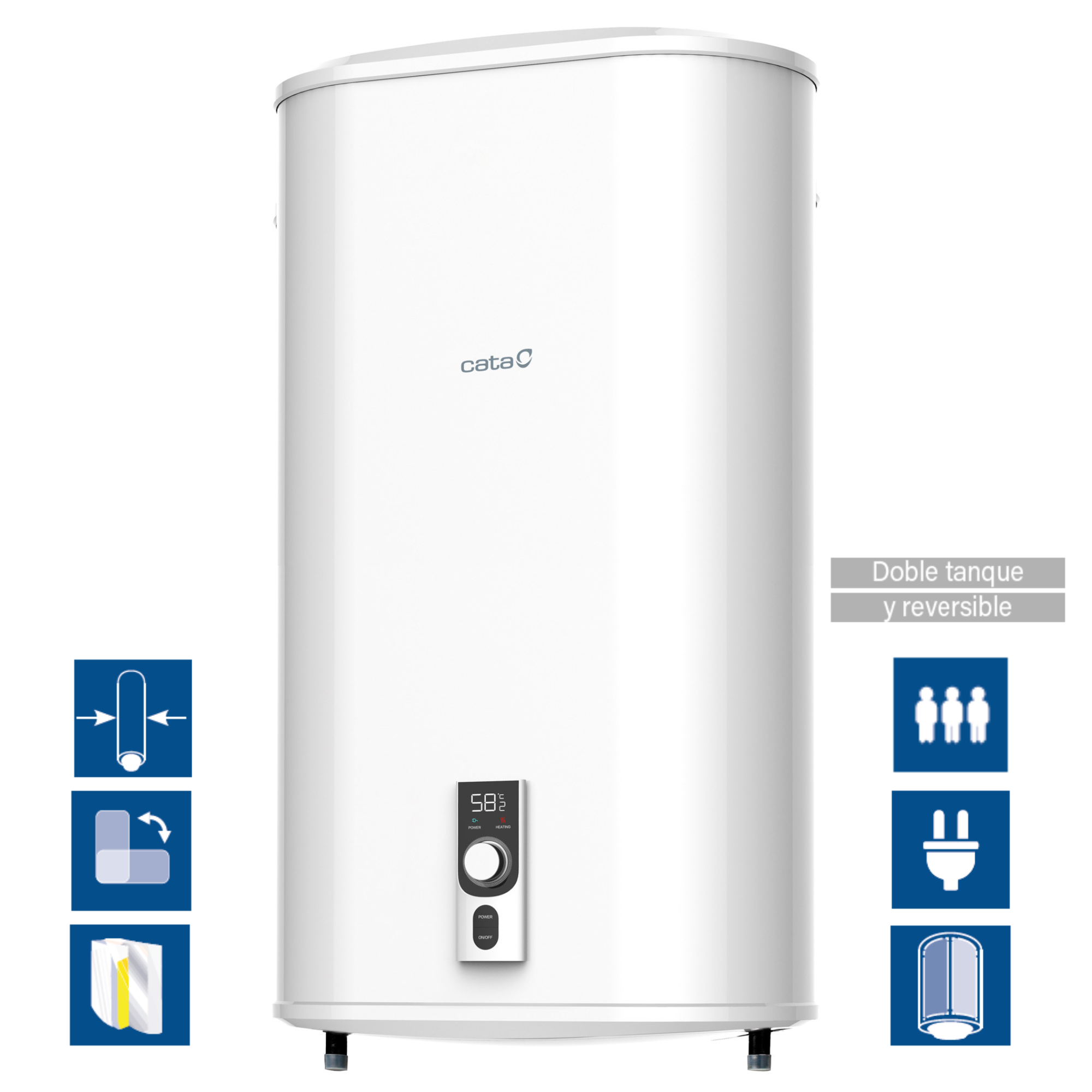 Un calentador de agua blanco con pantalla digital e iconos. La marca es 'cattac'.