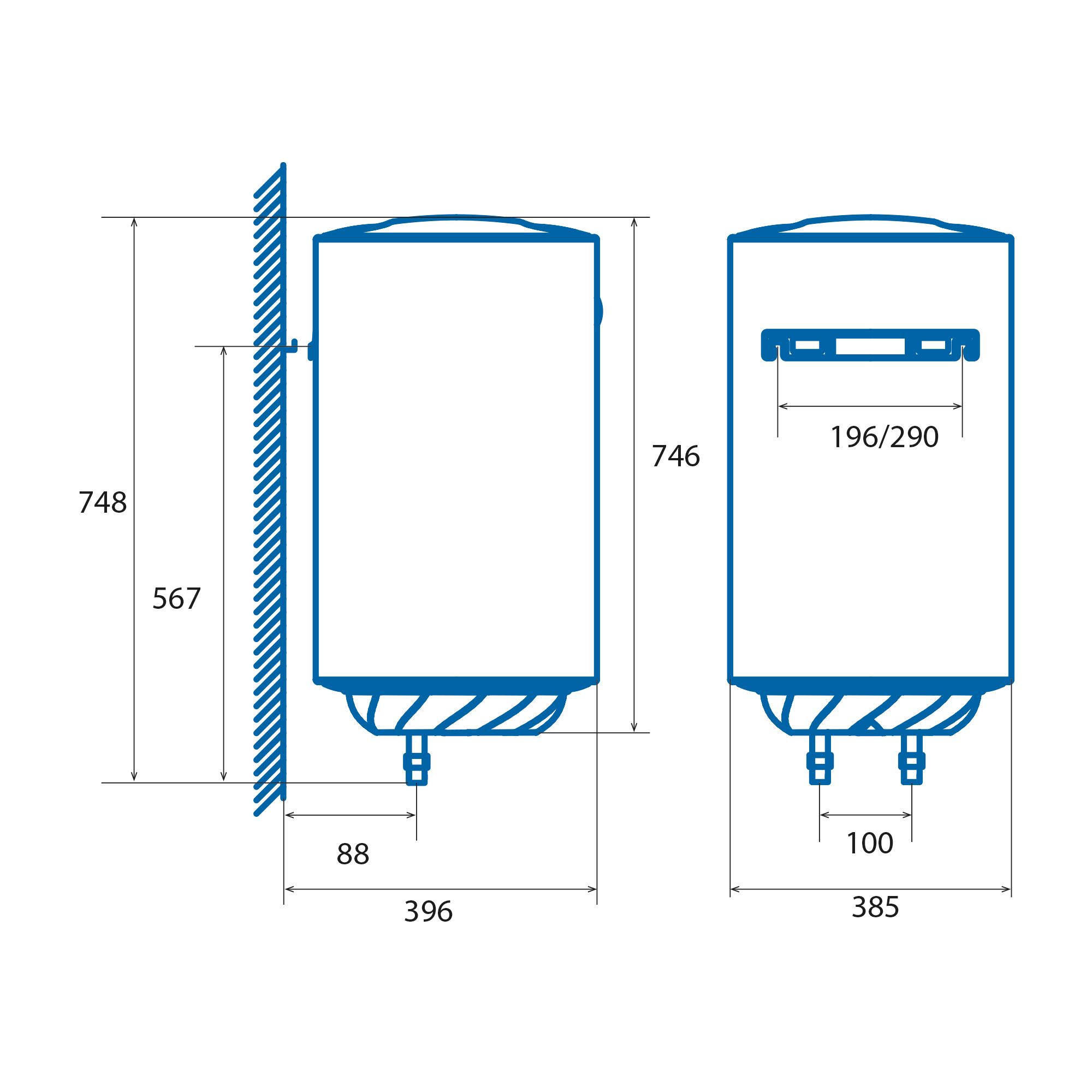 Diagramma di un serbatoio di acqua calda. Mostra viste laterali e frontali con dimensioni etichettate.
