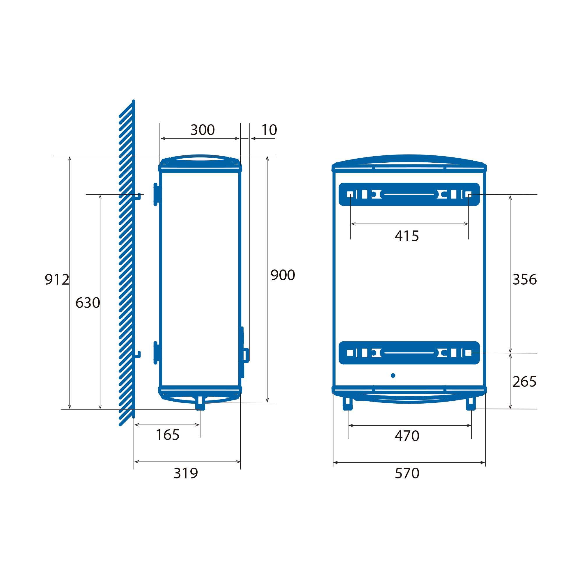 Diagrama de un calentador de agua. Vistas lateral y frontal con dimensiones en milímetros.
