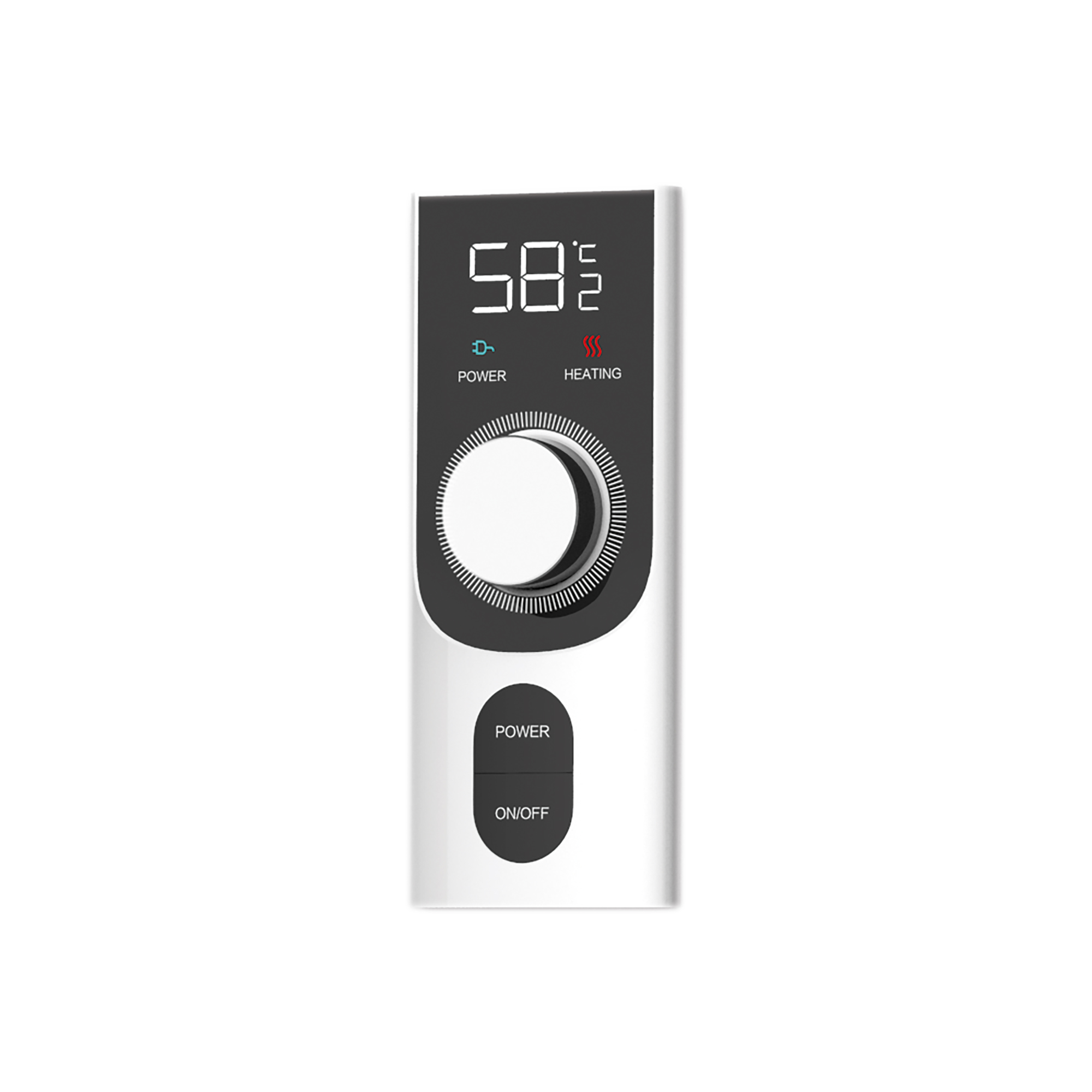 Panel de control blanco con dial, pantalla digital y botones de encendido y calefacción.