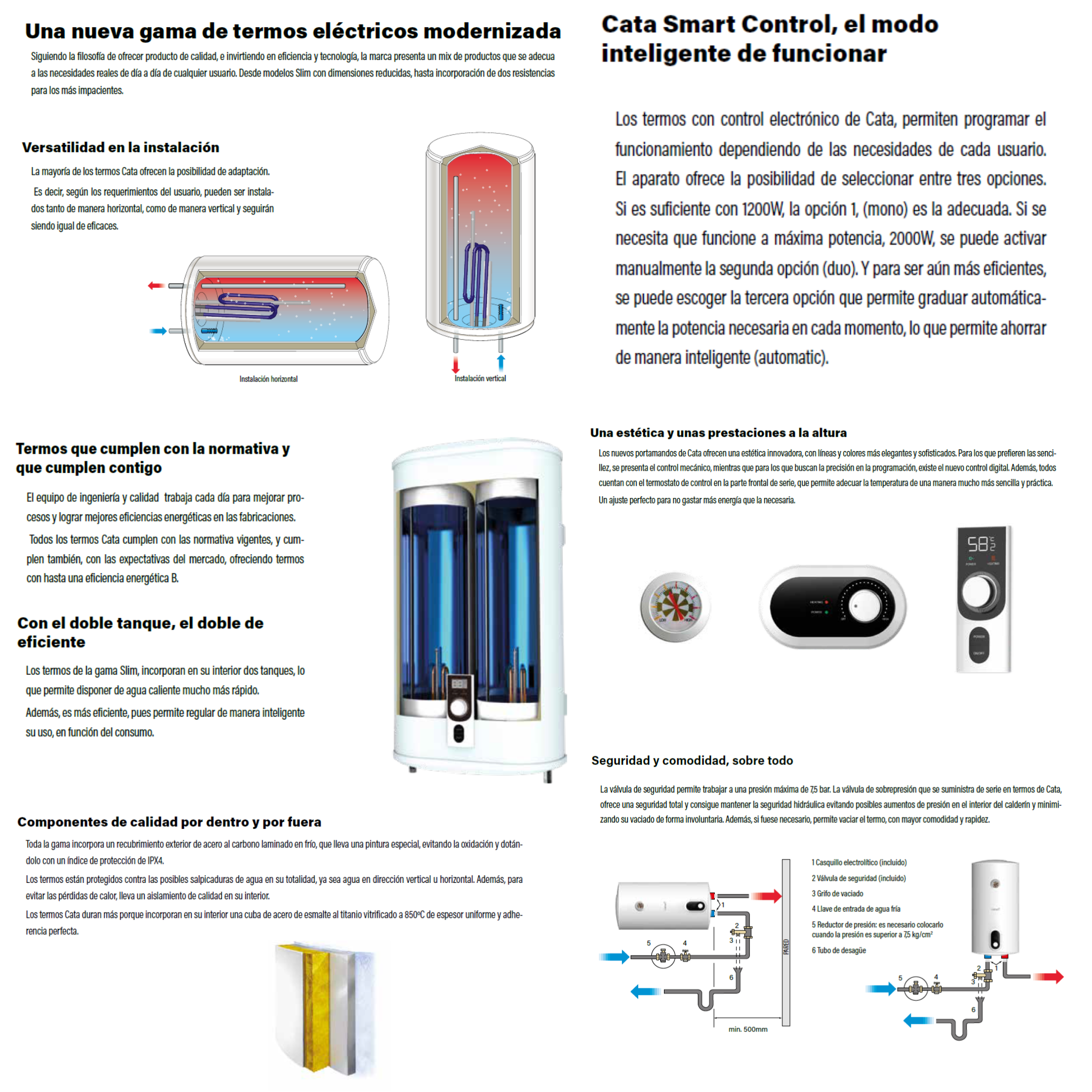 Texto y diagramas sobre un calentador de agua Cata con características de eficiencia energética y seguridad.